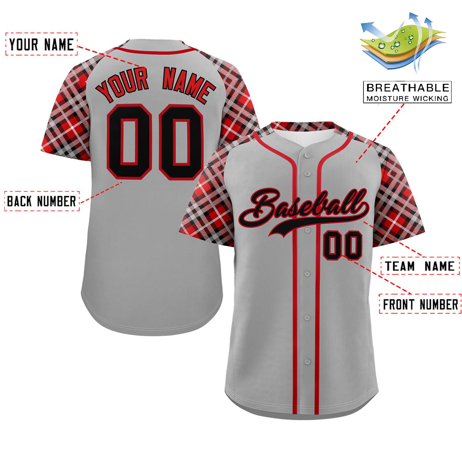 Custom Gray Black-Red Personalized Raglan Sleeves Authentic Baseball Jersey | KXKSHOP