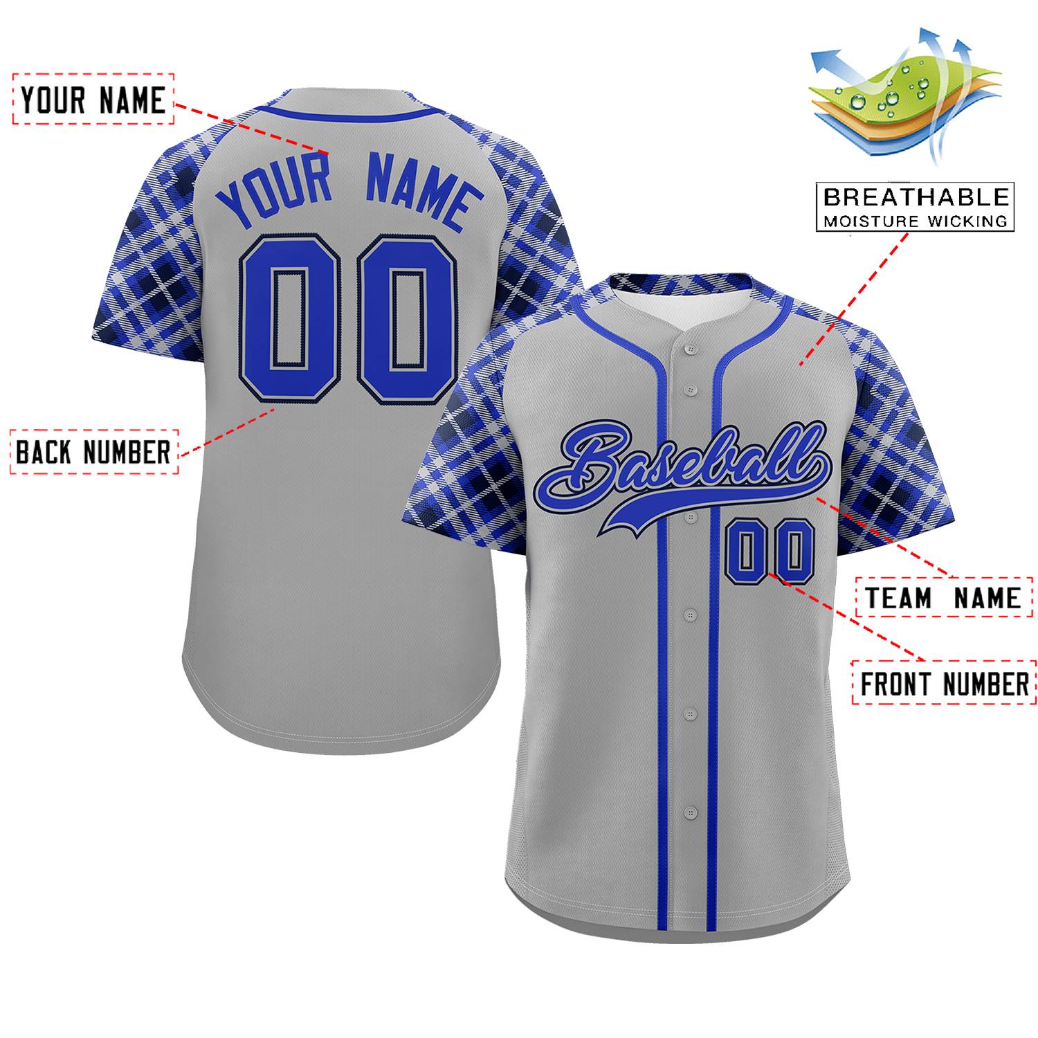 Custom Gray Royal-Navy Personalized Raglan Sleeves Authentic Baseball Jersey | KXKSHOP