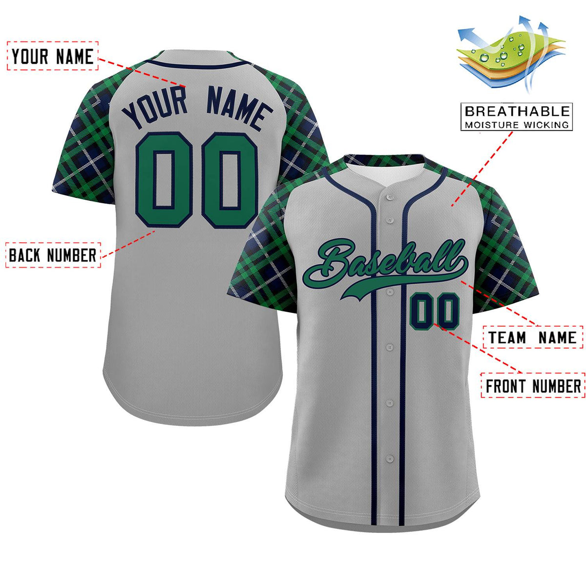 Custom Gray Kelly Green-Navy Personalized Raglan Sleeves Authentic Baseball Jersey | KXKSHOP