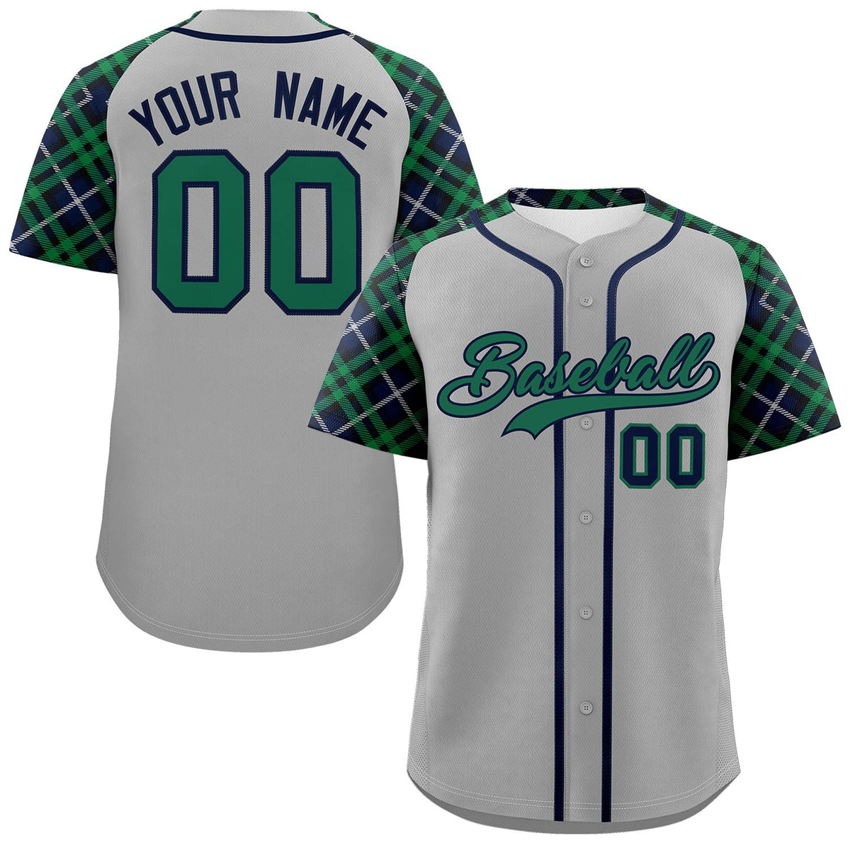 Custom Gray Kelly Green-Navy Personalized Raglan Sleeves Authentic Baseball Jersey | KXKSHOP