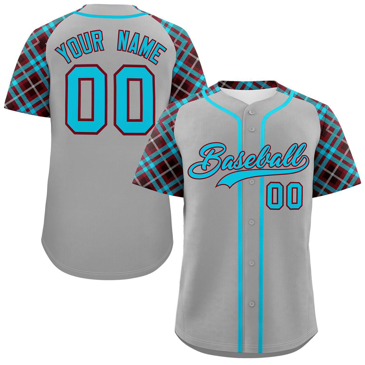 Custom Gray Sky Blue-Crimson Personalized Raglan Sleeves Authentic Baseball Jersey | KXKSHOP