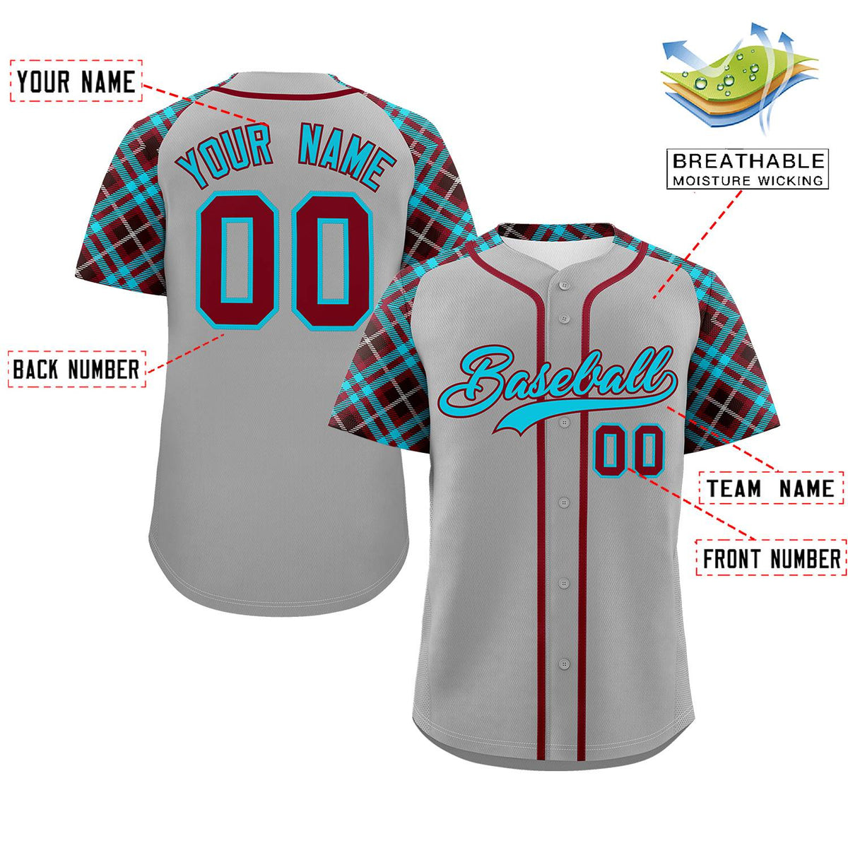 Custom Gray Sky Blue-Crimson Personalized Raglan Sleeves Authentic Baseball Jersey | KXKSHOP