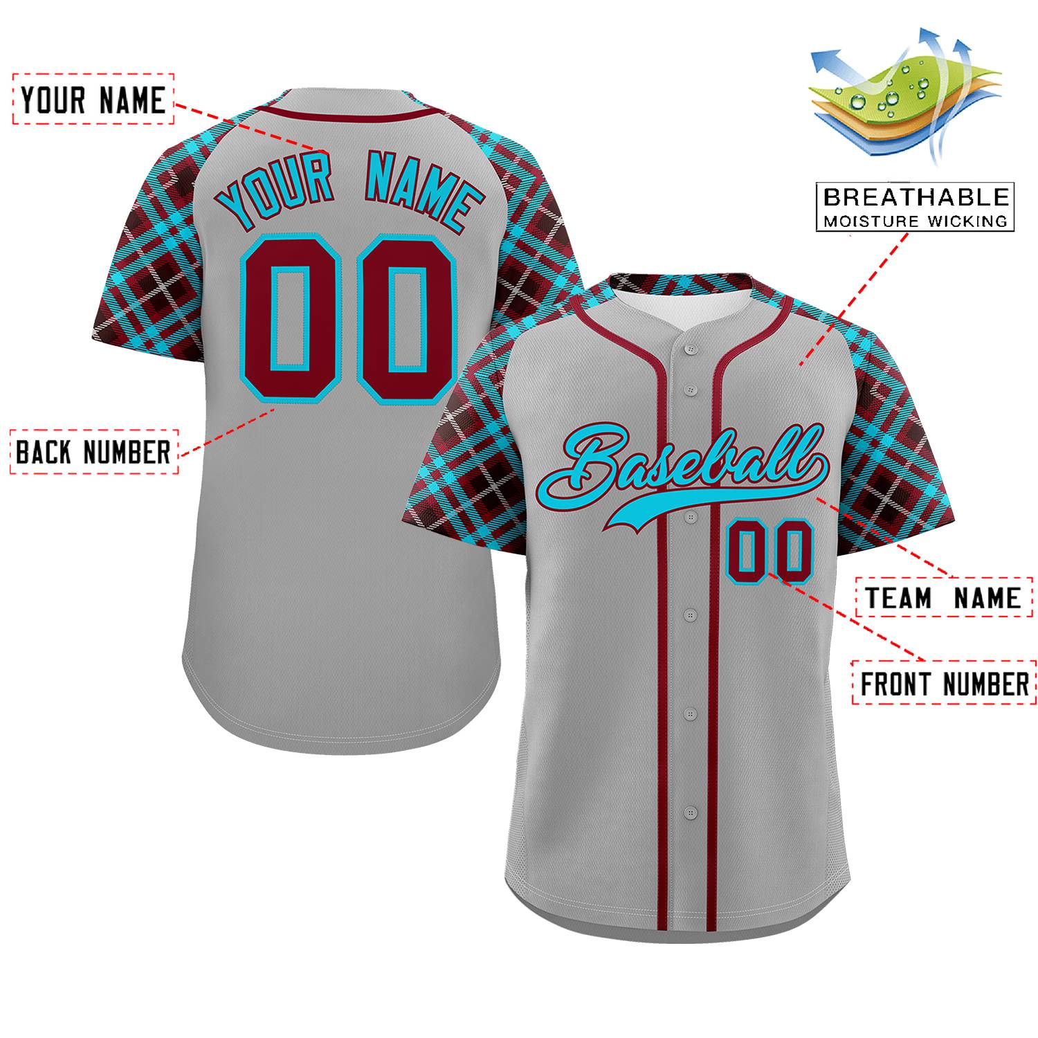 Custom Gray Sky Blue-Crimson Personalized Raglan Sleeves Authentic Baseball Jersey | KXKSHOP