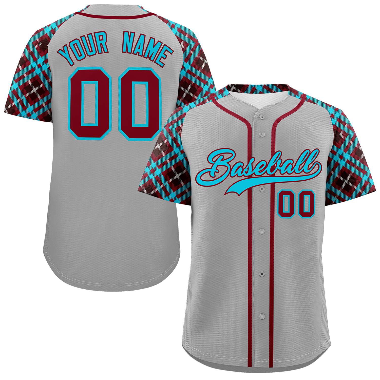 Custom Gray Sky Blue-Crimson Personalized Raglan Sleeves Authentic Baseball Jersey | KXKSHOP