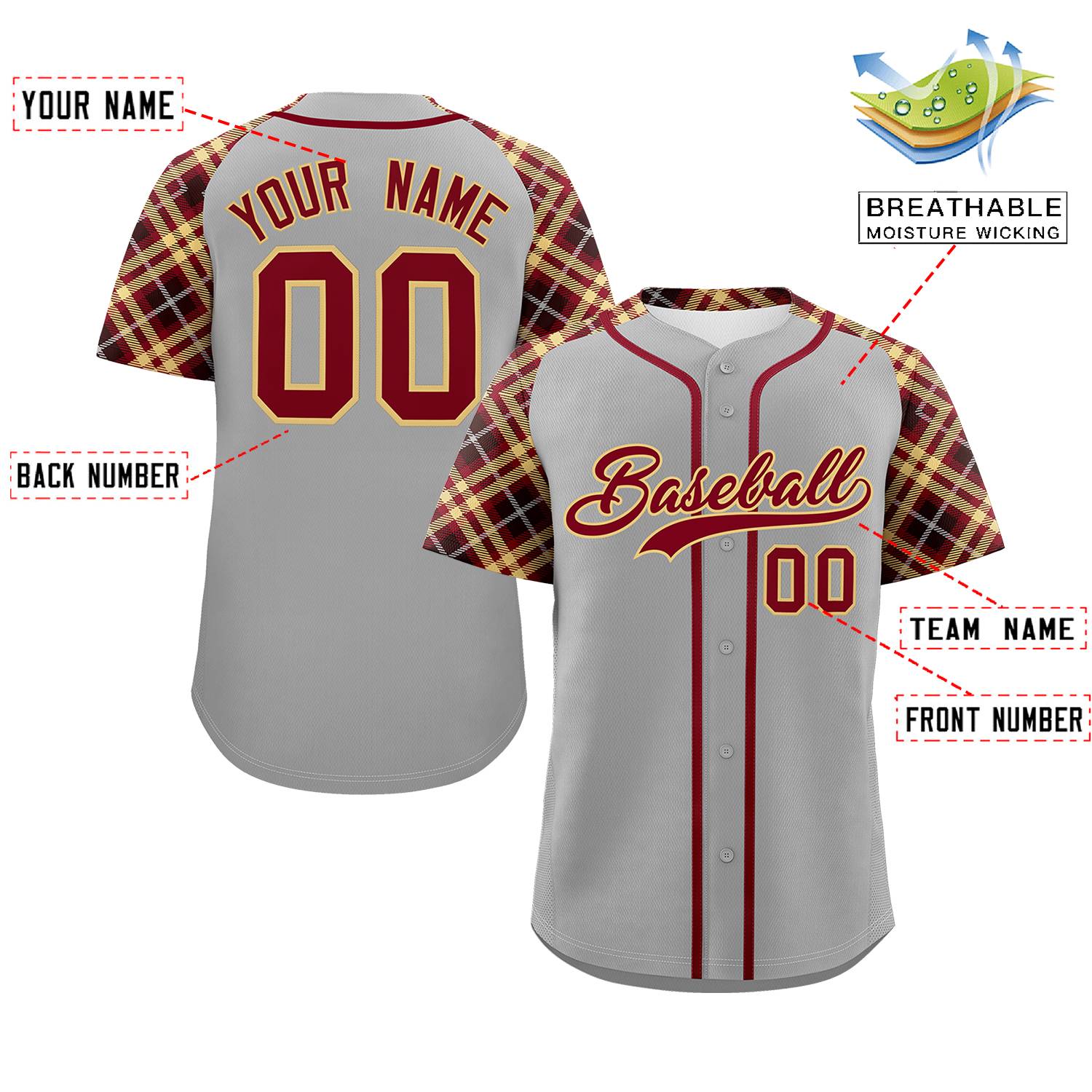 Custom Gray Red-Khaki Personalized Raglan Sleeves Authentic Baseball Jersey | KXKSHOP
