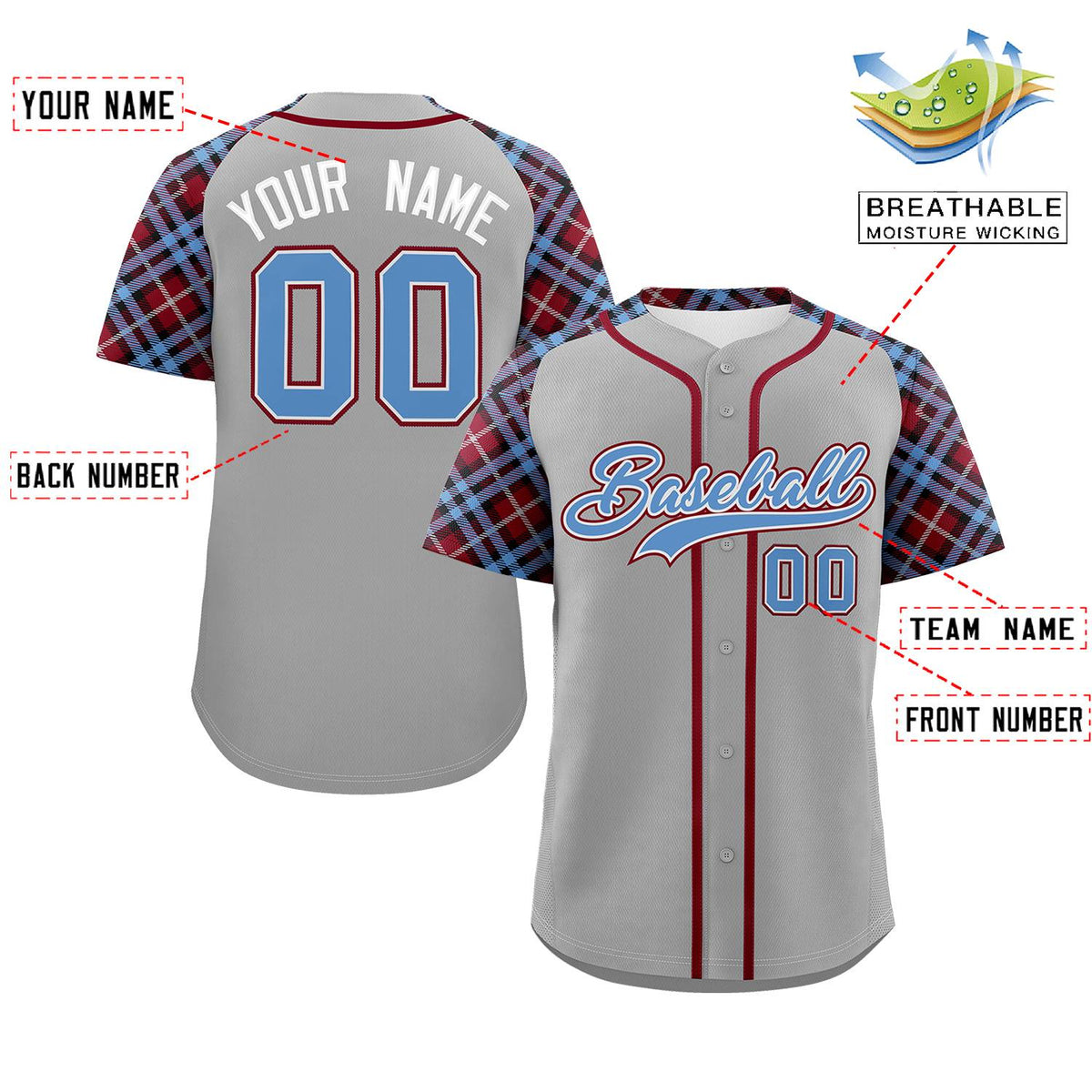 Custom Gray Light Blue-Crimson Personalized Raglan Sleeves Authentic Baseball Jersey | KXKSHOP