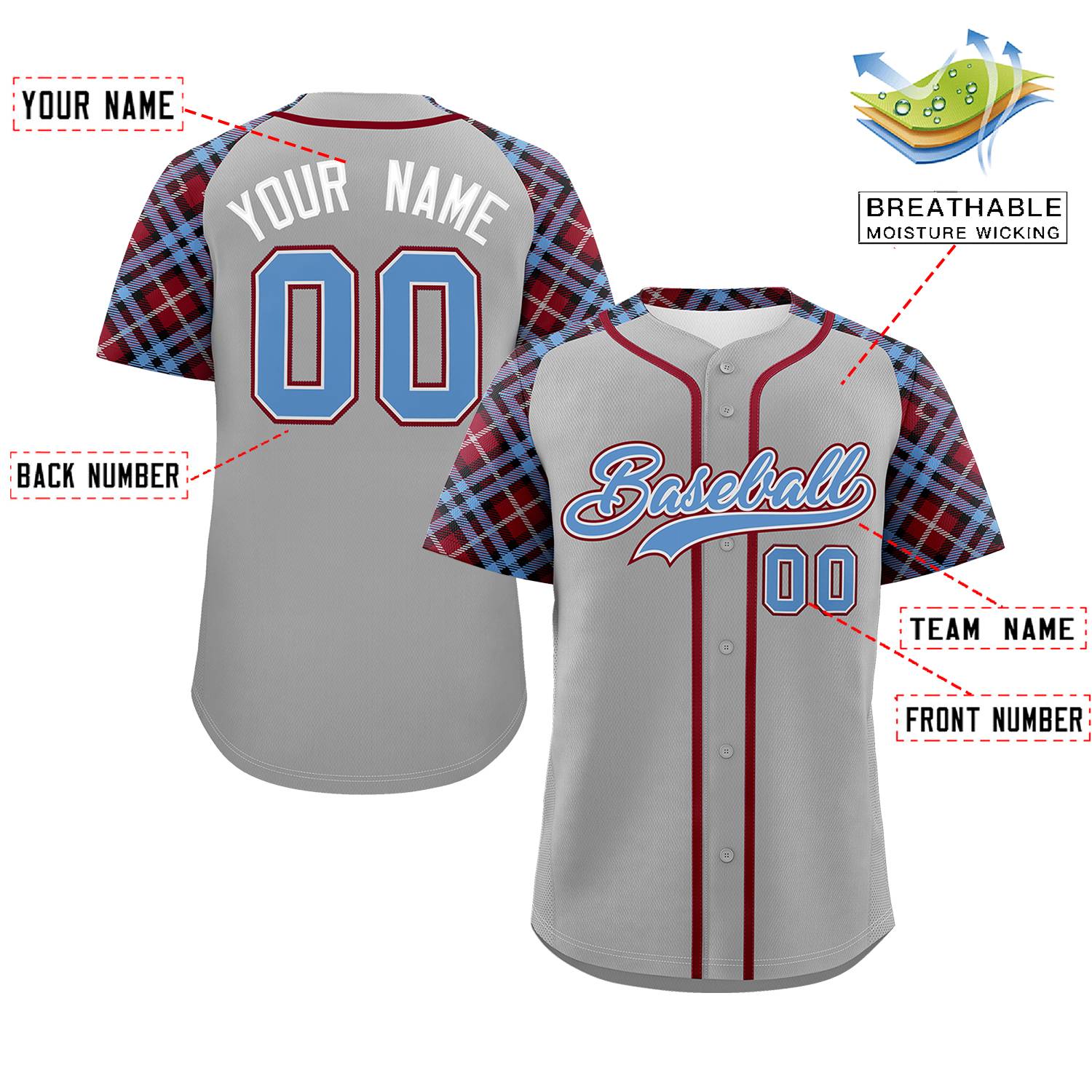 Custom Gray Light Blue-Crimson Personalized Raglan Sleeves Authentic Baseball Jersey | KXKSHOP