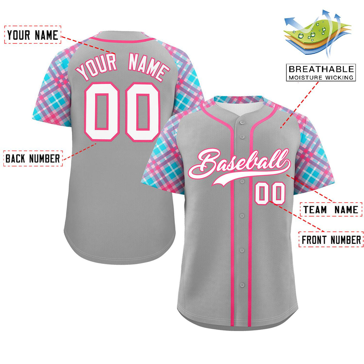Custom Gray White-Pink Personalized Raglan Sleeves Authentic Baseball Jersey | KXKSHOP