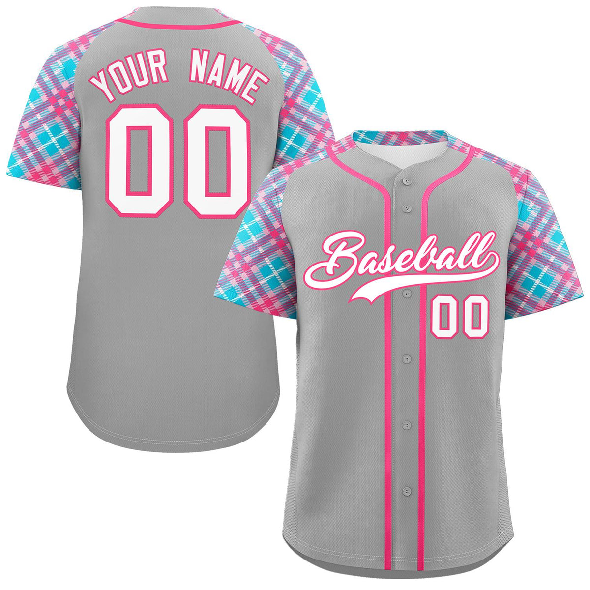 Custom Gray White-Pink Personalized Raglan Sleeves Authentic Baseball Jersey | KXKSHOP