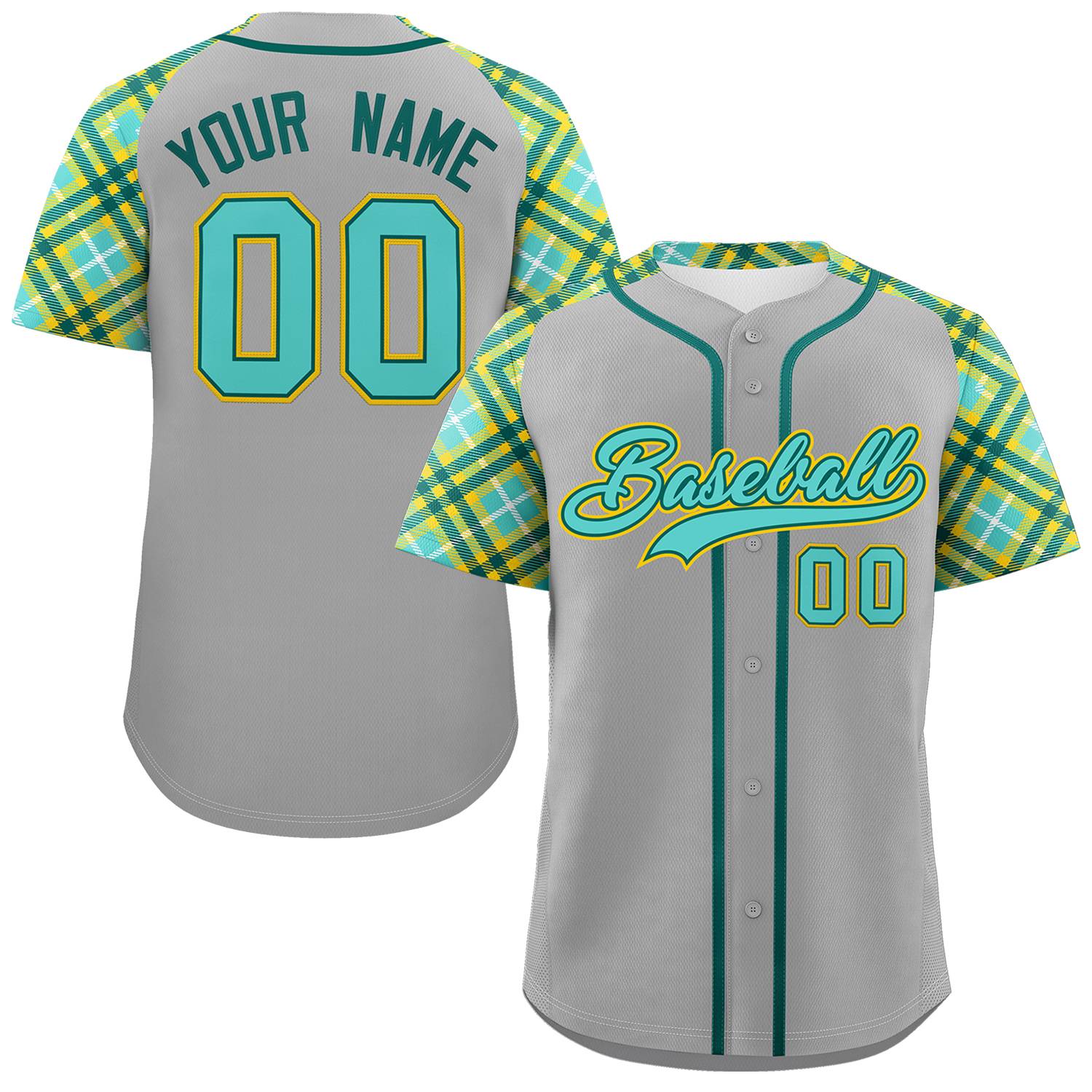 Custom Gray Green-Gold Personalized Raglan Sleeves Authentic Baseball Jersey | KXKSHOP