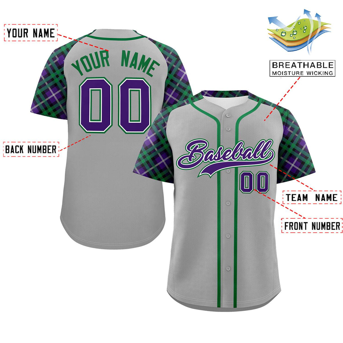 Custom Gray Purple-Teal Personalized Raglan Sleeves Authentic Baseball Jersey | KXKSHOP