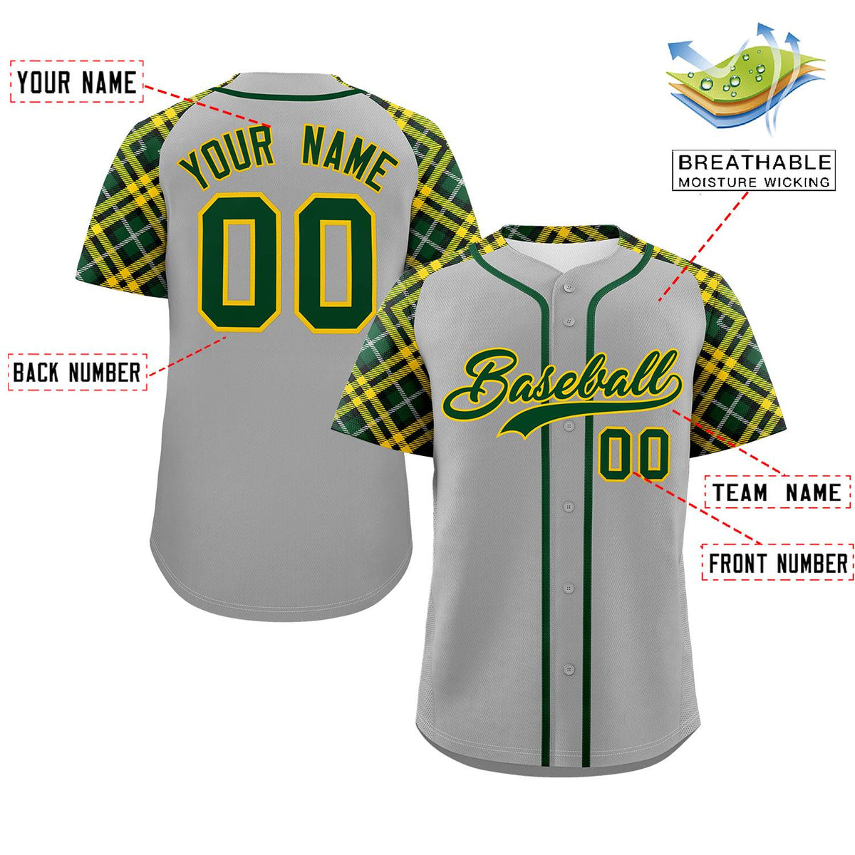 Custom Gray Green-Gold Personalized Raglan Sleeves Authentic Baseball Jersey | KXKSHOP