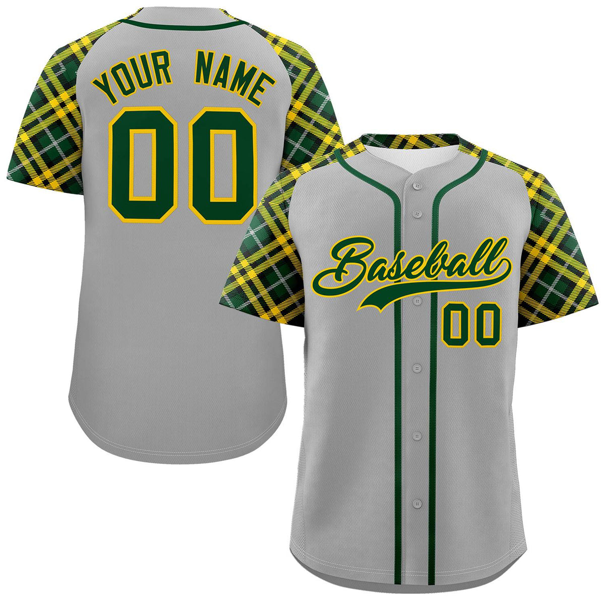 Custom Gray Green-Gold Personalized Raglan Sleeves Authentic Baseball Jersey | KXKSHOP