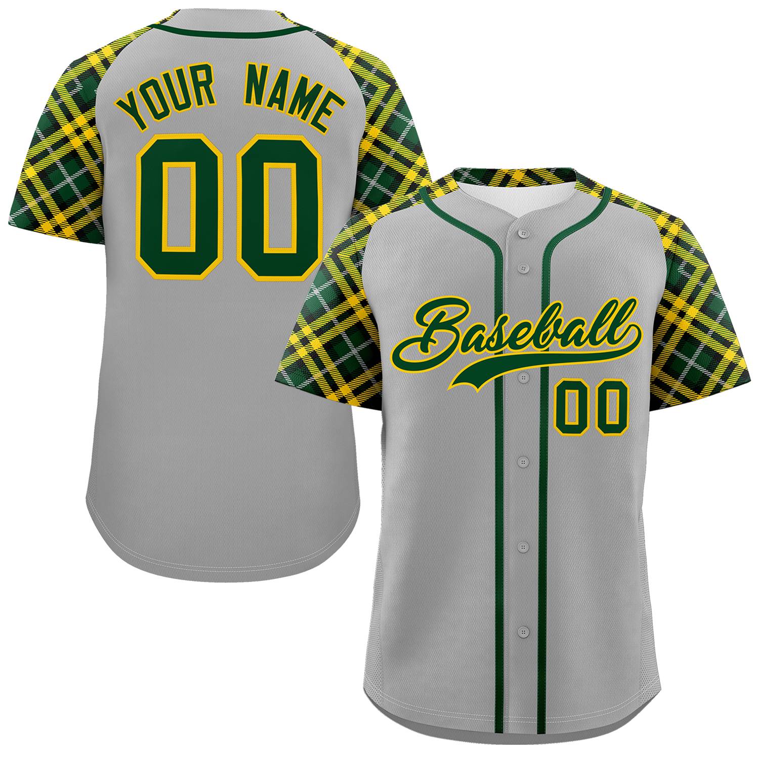 Custom Gray Green-Gold Personalized Raglan Sleeves Authentic Baseball Jersey | KXKSHOP