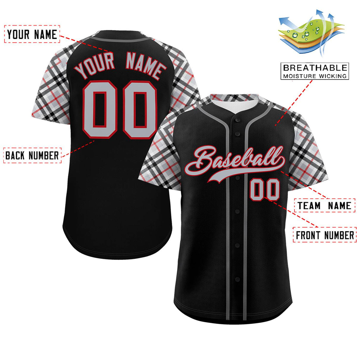 Custom Black Gray-Red Personalized Raglan Sleeves Authentic Baseball Jersey | KXKSHOP