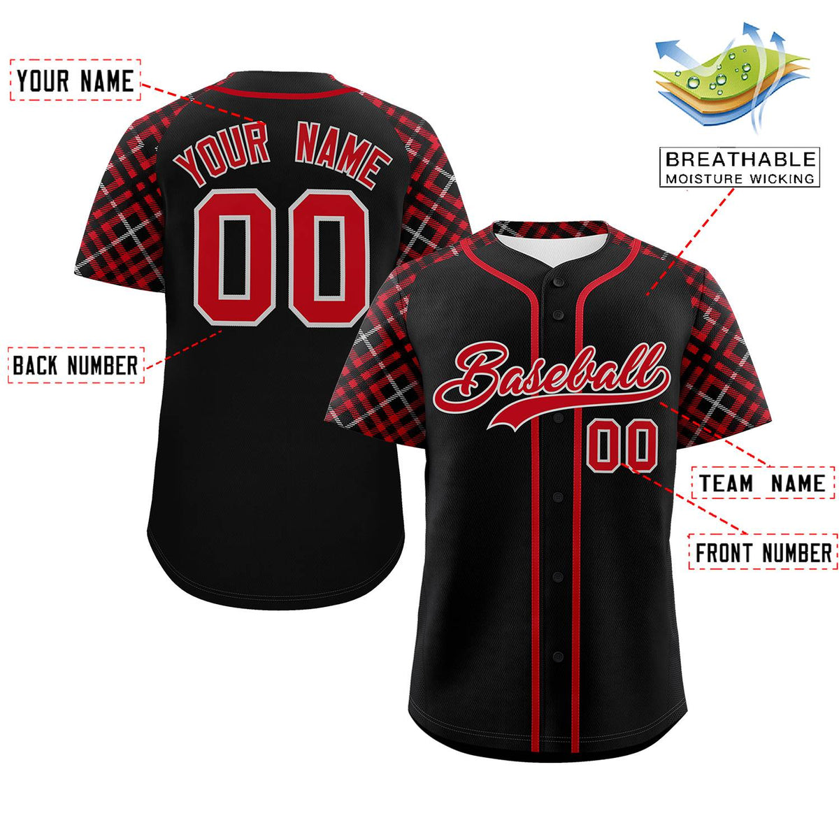 Custom Black Red-Gray Personalized Raglan Sleeves Authentic Baseball Jersey | KXKSHOP