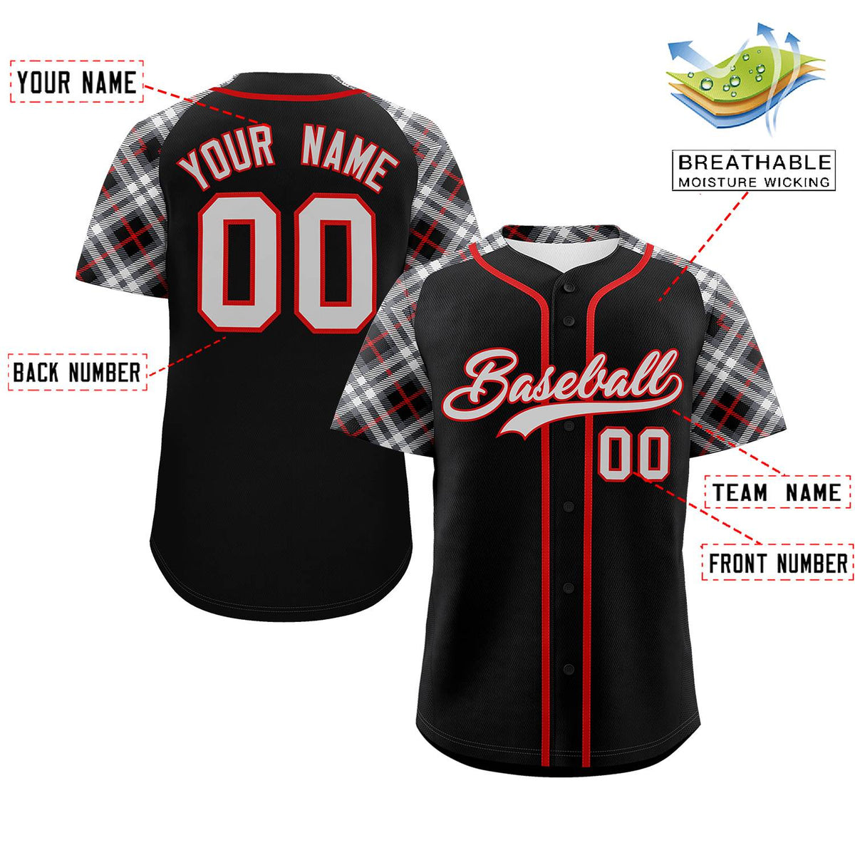 Custom Black Gray-Red Personalized Raglan Sleeves Authentic Baseball Jersey | KXKSHOP
