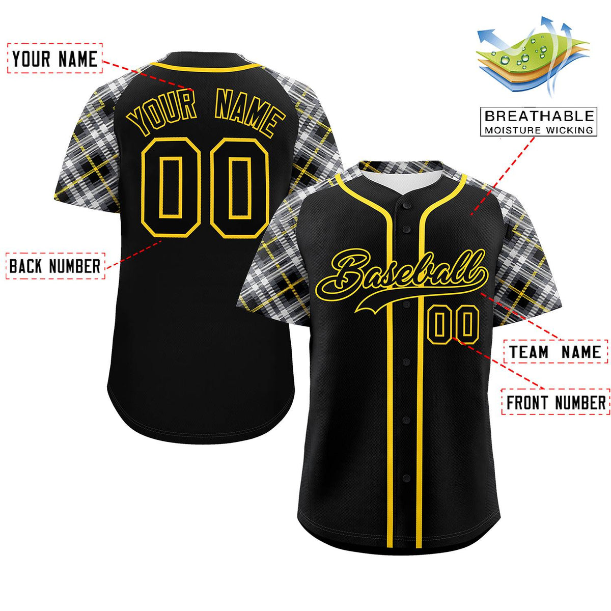 Custom Black Black-Gold Personalized Raglan Sleeves Authentic Baseball Jersey | KXKSHOP
