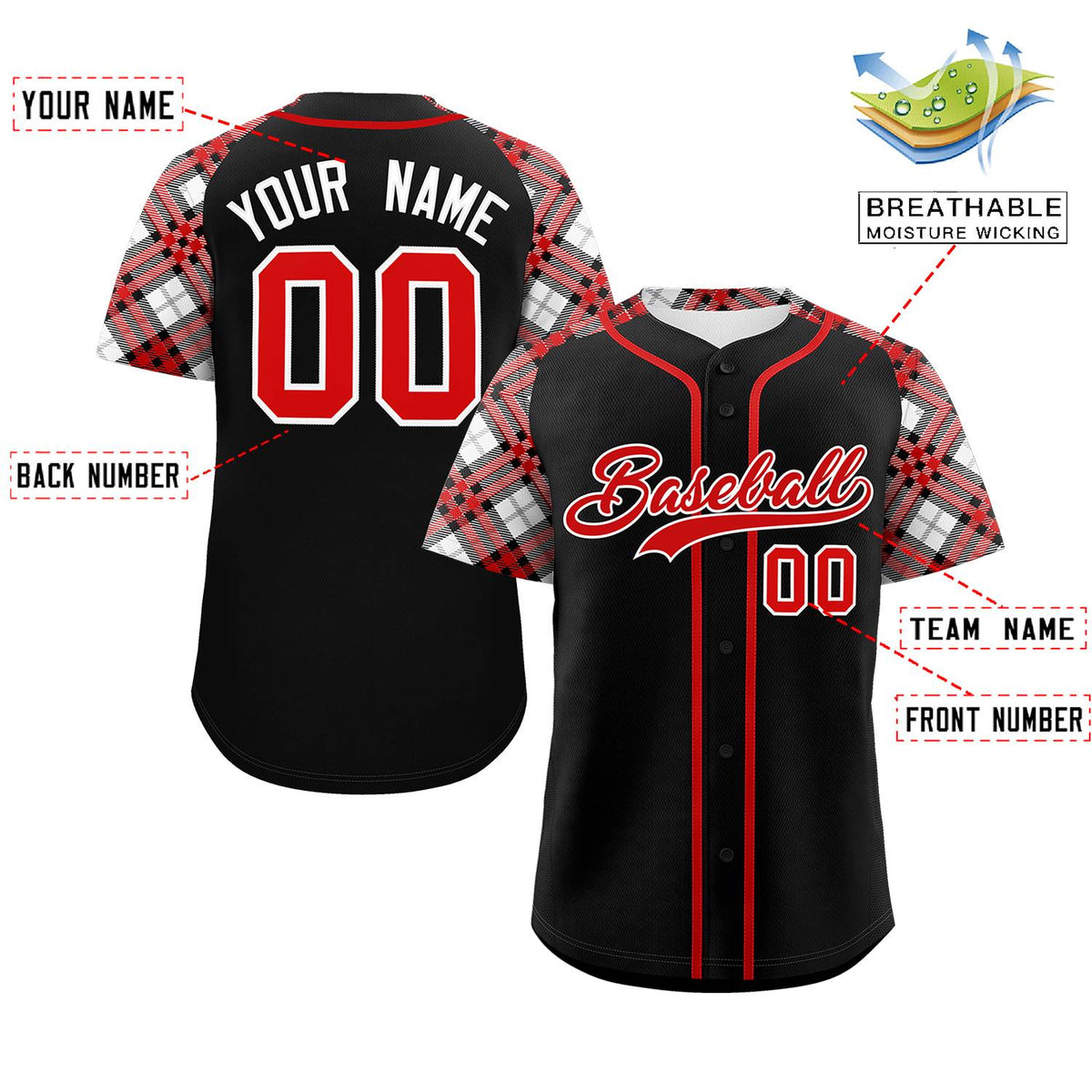 Custom Black Red-White Personalized Raglan Sleeves Authentic Baseball Jersey | KXKSHOP