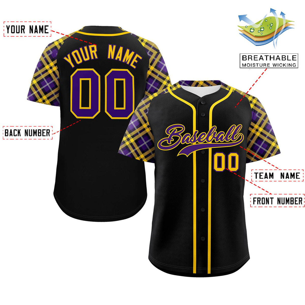 Custom Black Purple-Gold Personalized Raglan Sleeves Authentic Baseball Jersey | KXKSHOP