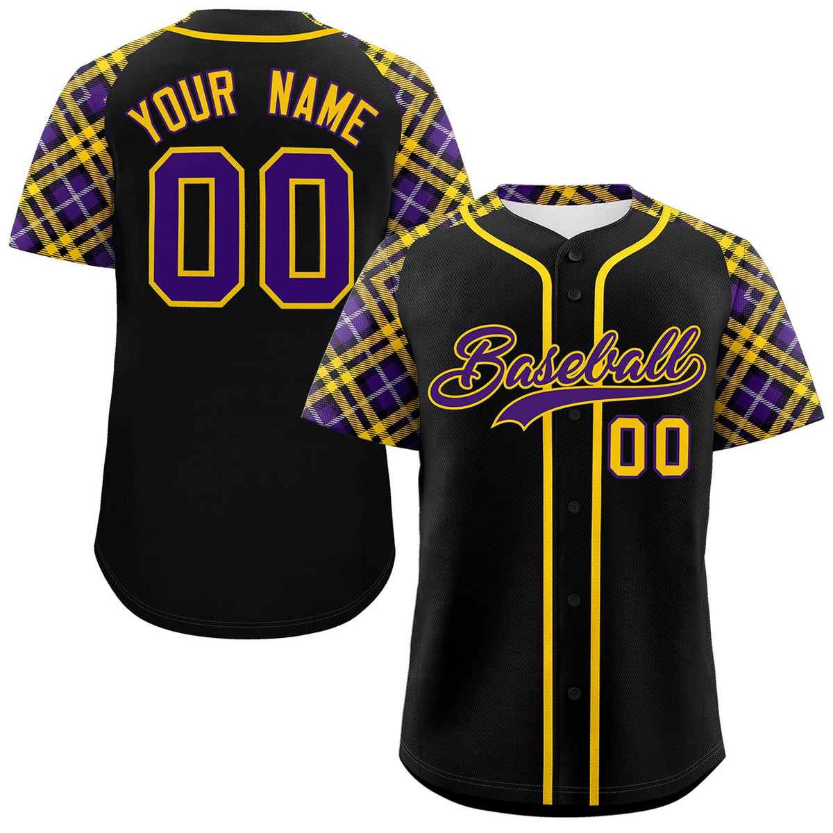 Custom Black Purple-Gold Personalized Raglan Sleeves Authentic Baseball Jersey | KXKSHOP