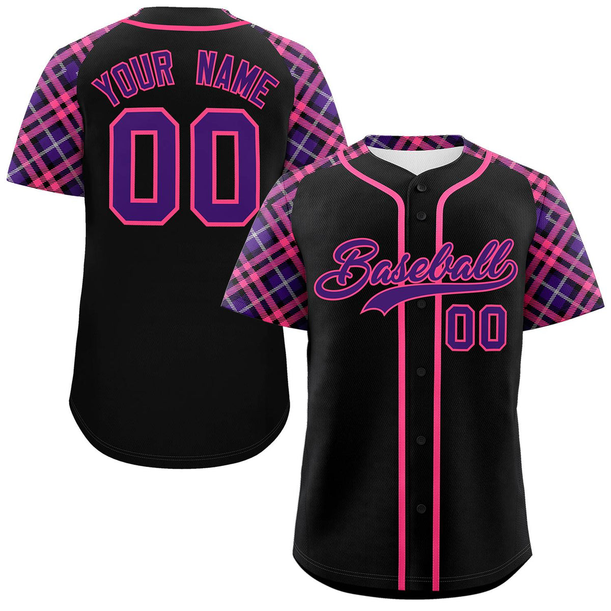 Custom Black Purple-Pink Personalized Raglan Sleeves Authentic Baseball Jersey | KXKSHOP
