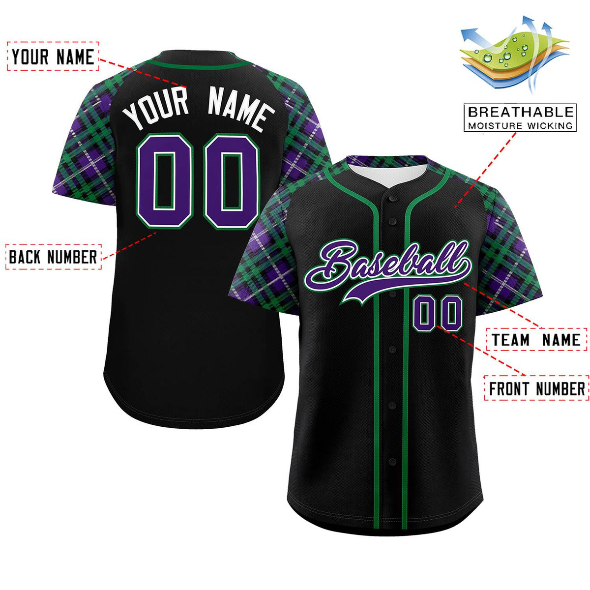 Custom Black Purple-Teal Personalized Raglan Sleeves Authentic Baseball Jersey | KXKSHOP