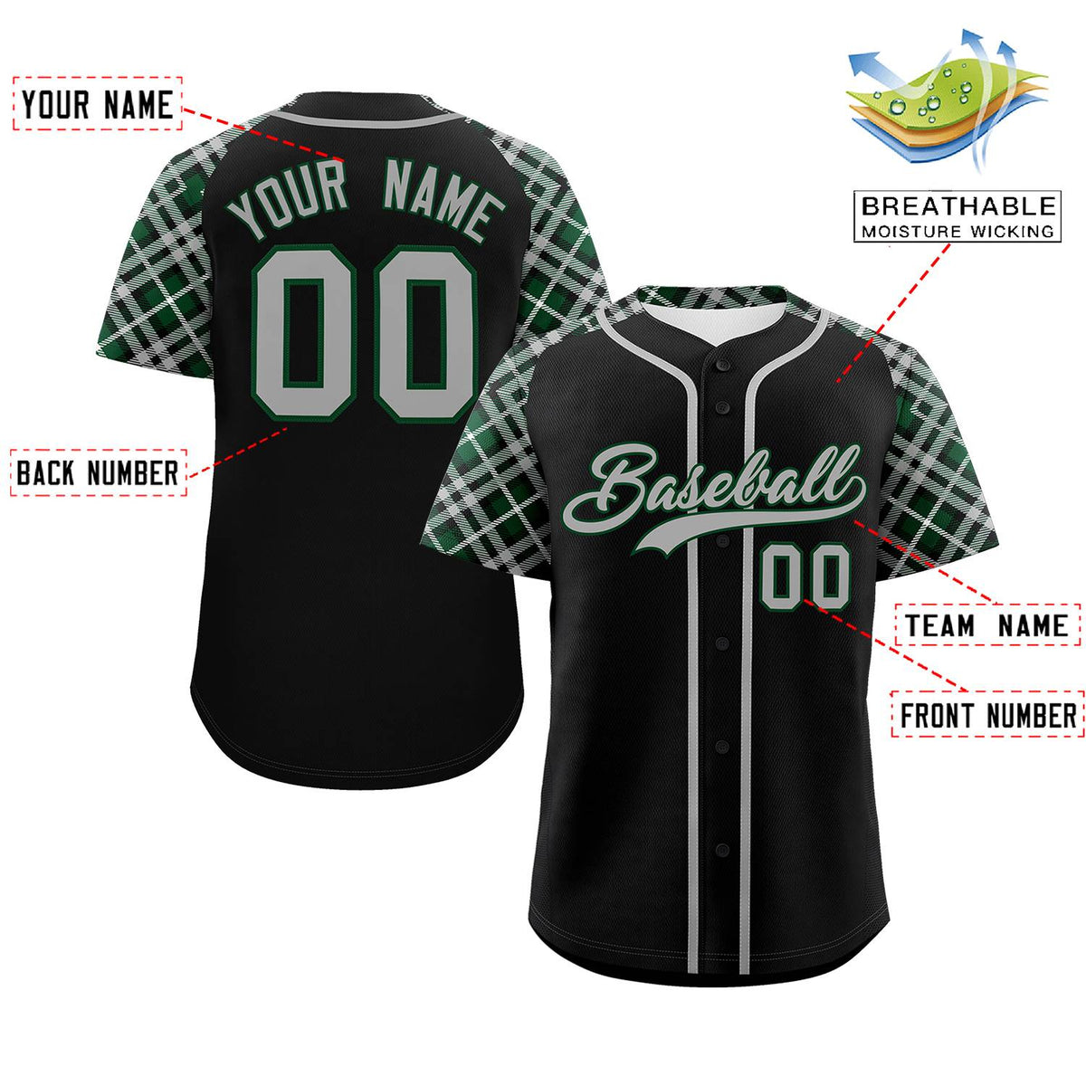 Custom Black Gray-Green Personalized Raglan Sleeves Authentic Baseball Jersey | KXKSHOP