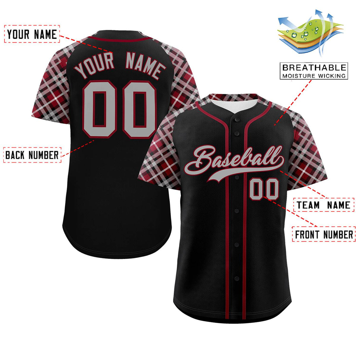 Custom Black Navy-Crimson Personalized Raglan Sleeves Authentic Baseball Jersey | KXKSHOP
