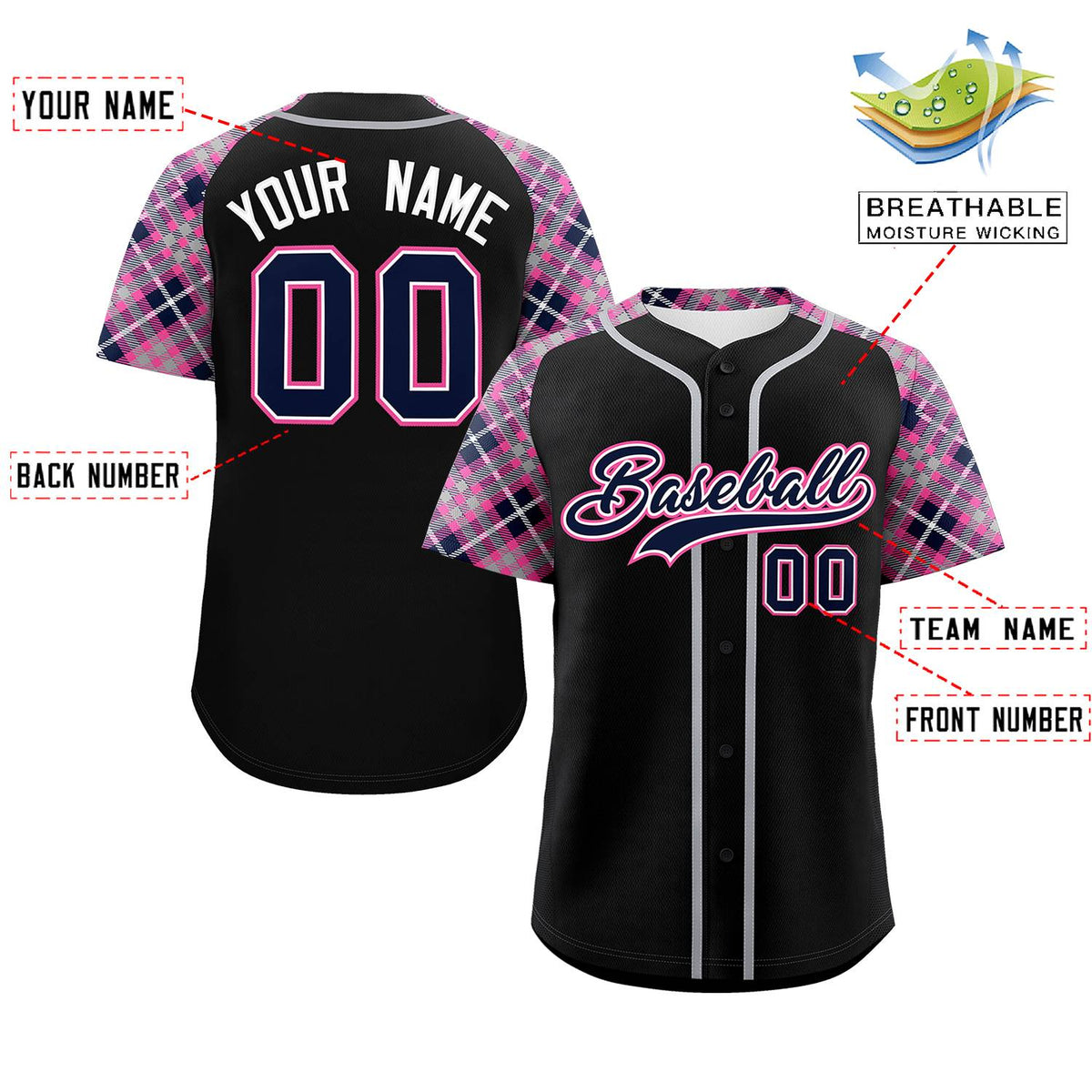 Custom Black Navy-Pink Personalized Raglan Sleeves Authentic Baseball Jersey | KXKSHOP