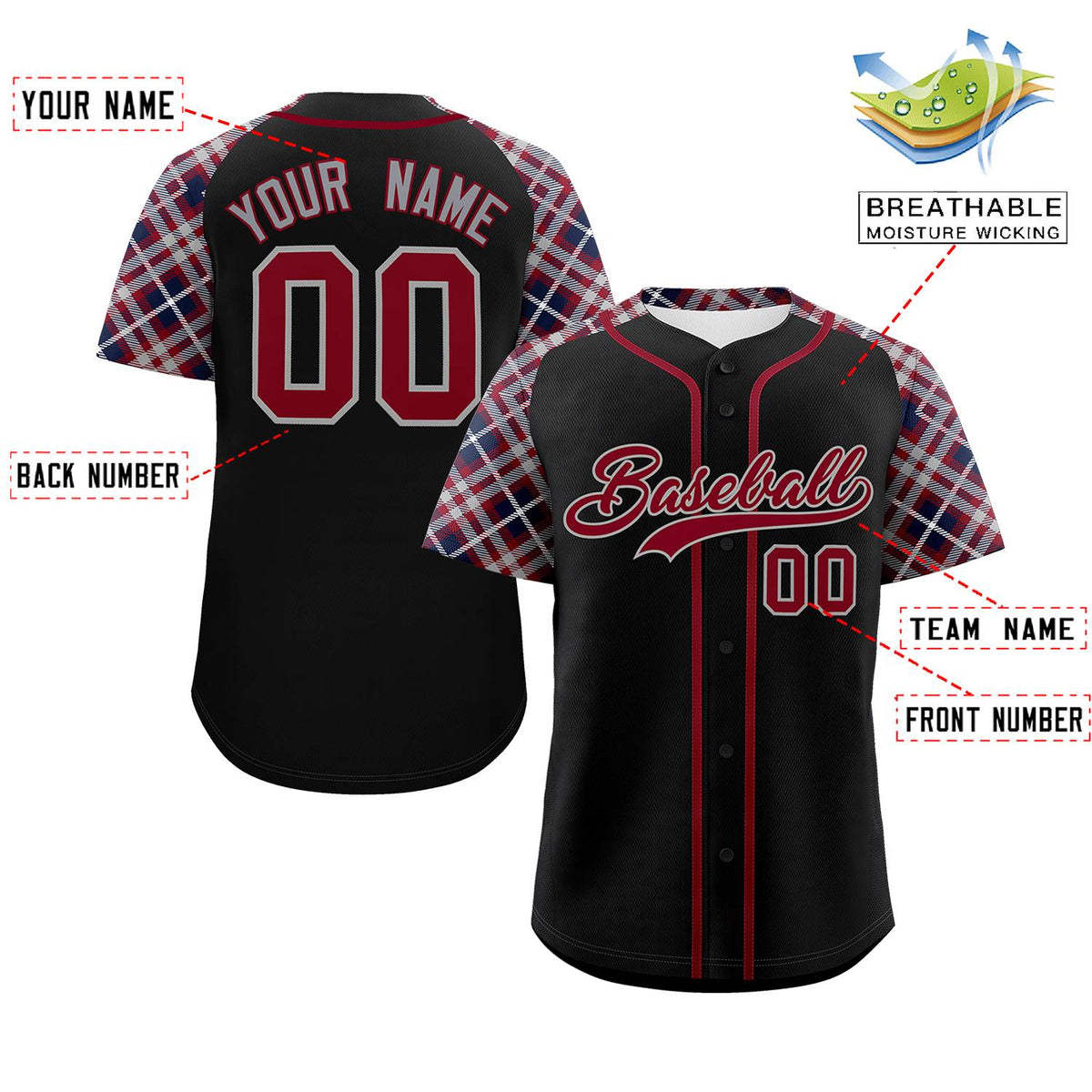 Custom Black Crimson-Dark Gray Personalized Raglan Sleeves Authentic Baseball Jersey | KXKSHOP