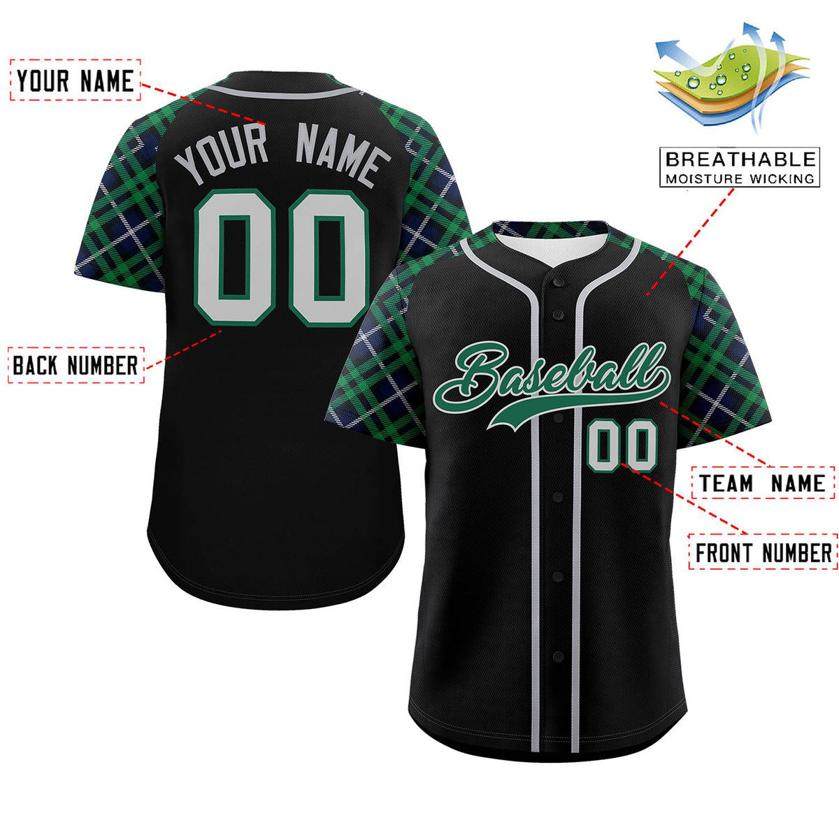 Custom Black Kelly Green-Gray Personalized Raglan Sleeves Authentic Baseball Jersey | KXKSHOP