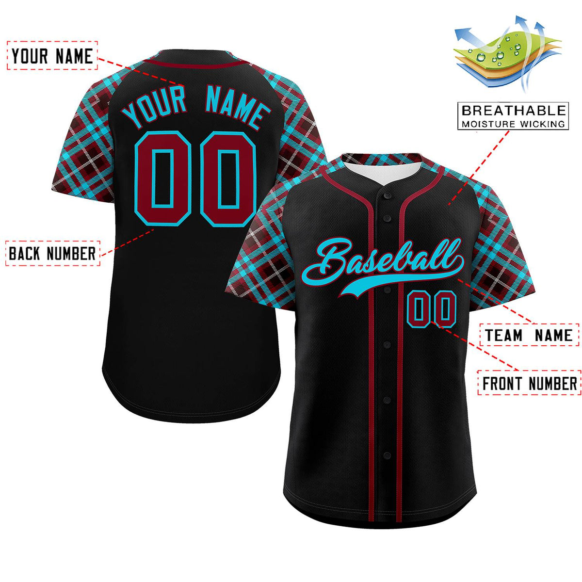 Custom Black Sky Blue-Crimson Personalized Raglan Sleeves Authentic Baseball Jersey | KXKSHOP