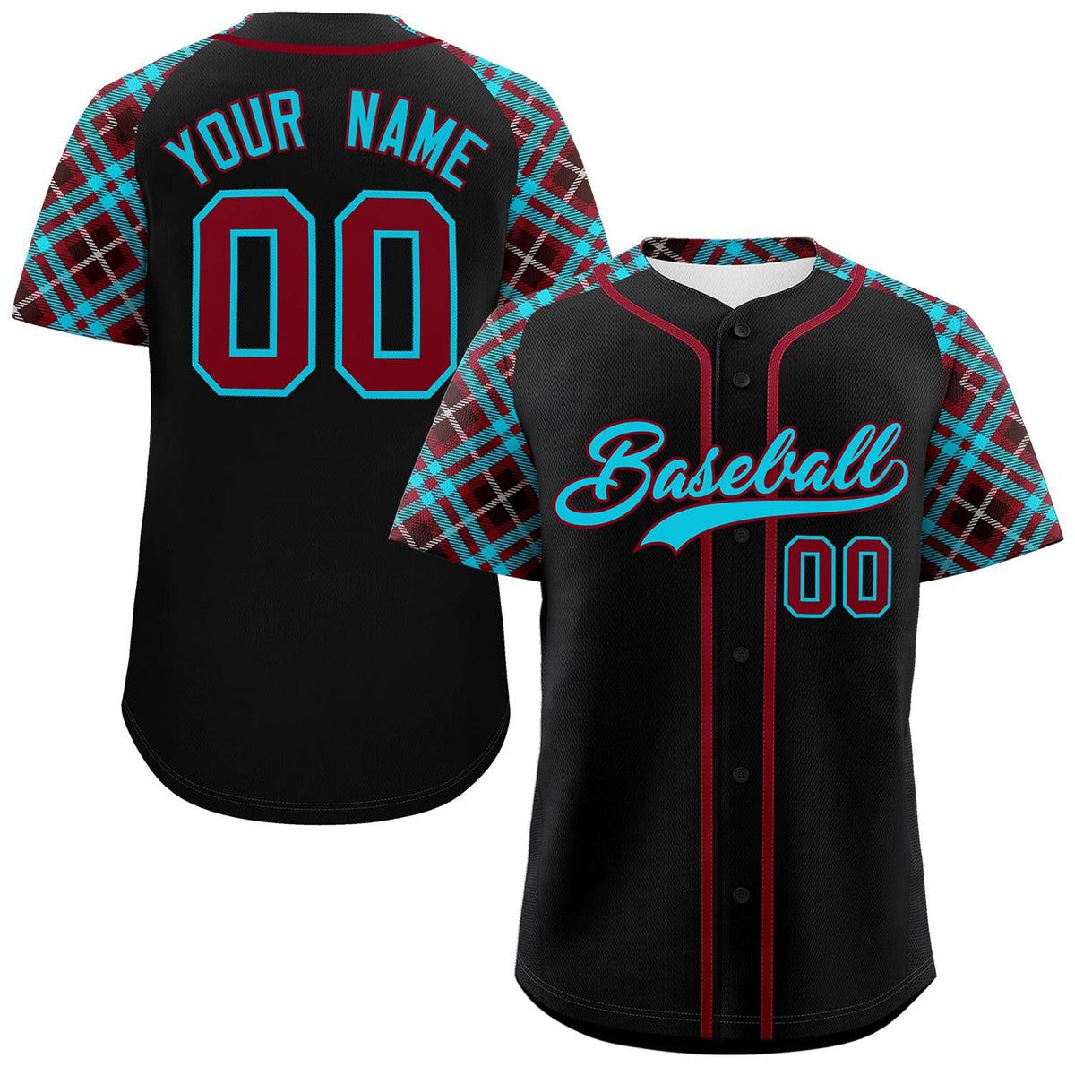 Custom Black Sky Blue-Crimson Personalized Raglan Sleeves Authentic Baseball Jersey | KXKSHOP
