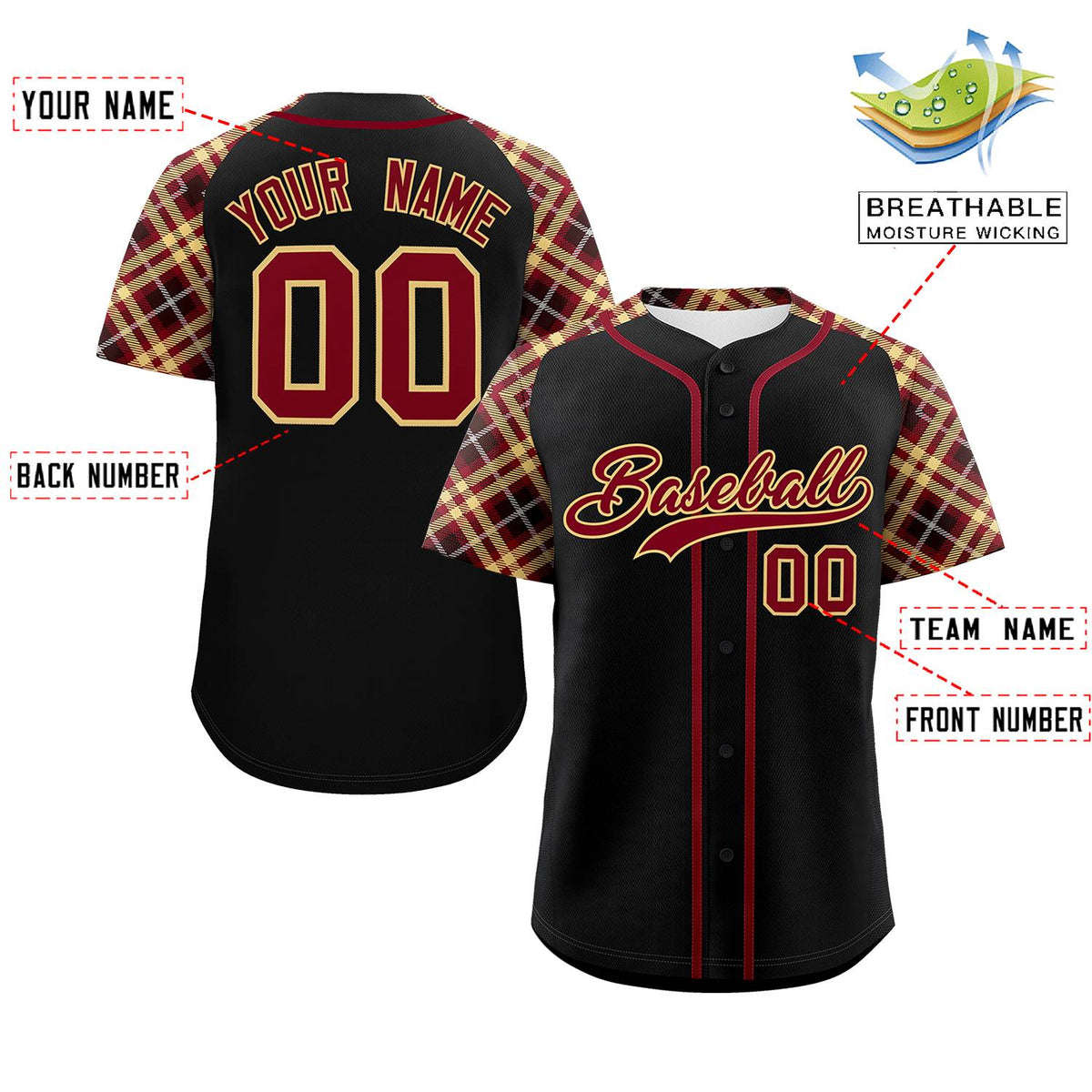 Custom Black Crimson-Old Gold Personalized Raglan Sleeves Authentic Baseball Jersey | KXKSHOP