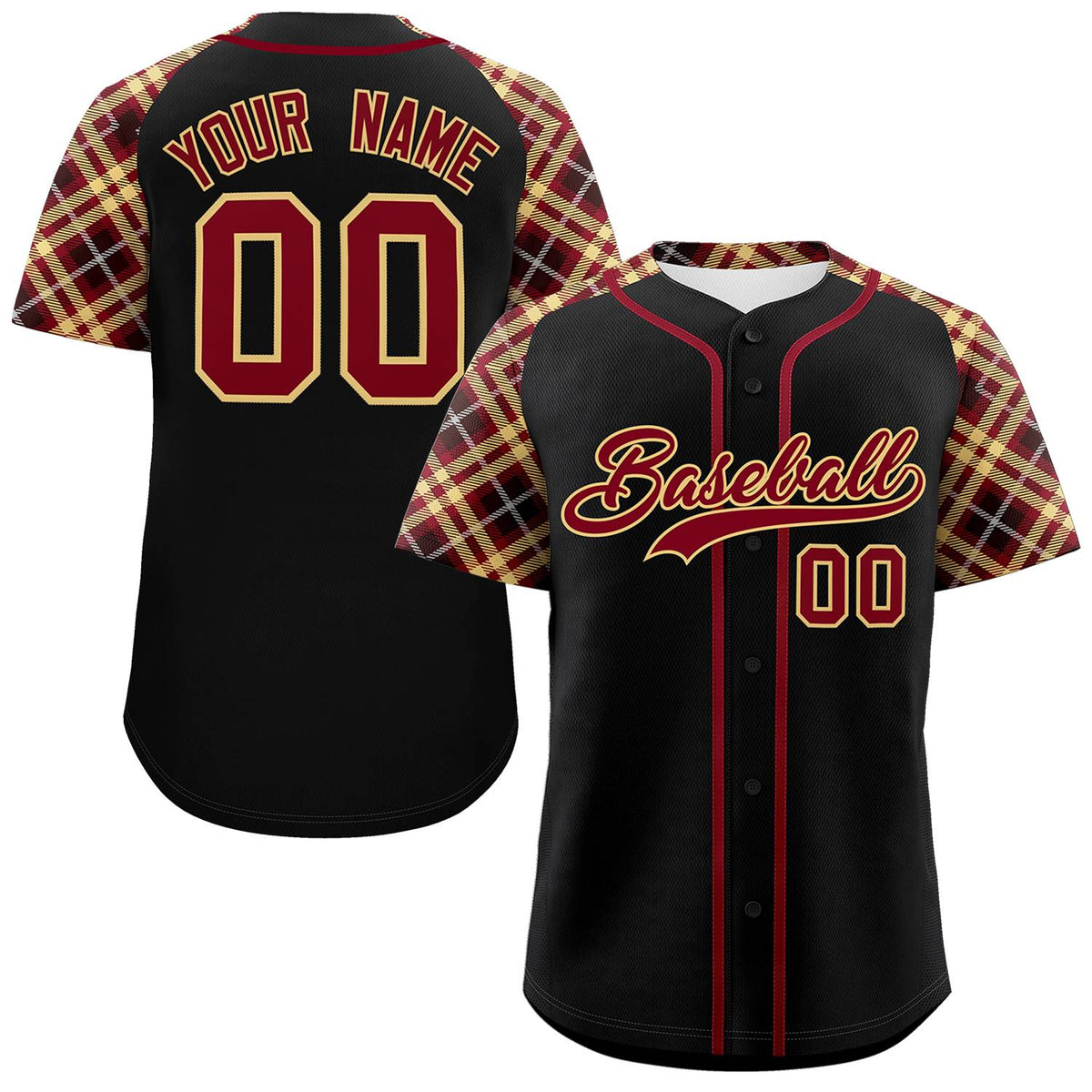 Custom Black Crimson-Old Gold Personalized Raglan Sleeves Authentic Baseball Jersey | KXKSHOP