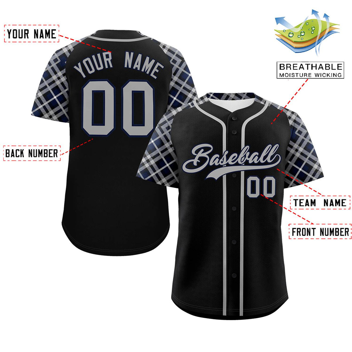 Custom Black Gray-Navy Personalized Raglan Sleeves Authentic Baseball Jersey | KXKSHOP