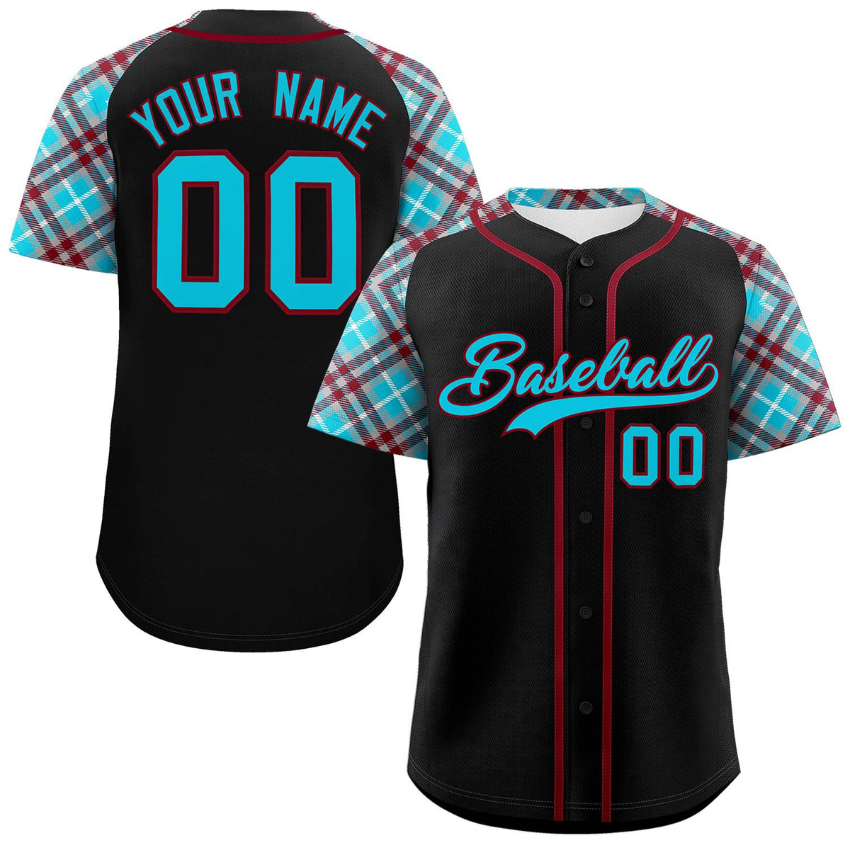 Custom Black Sky Blue-Crimson Personalized Raglan Sleeves Authentic Baseball Jersey | KXKSHOP