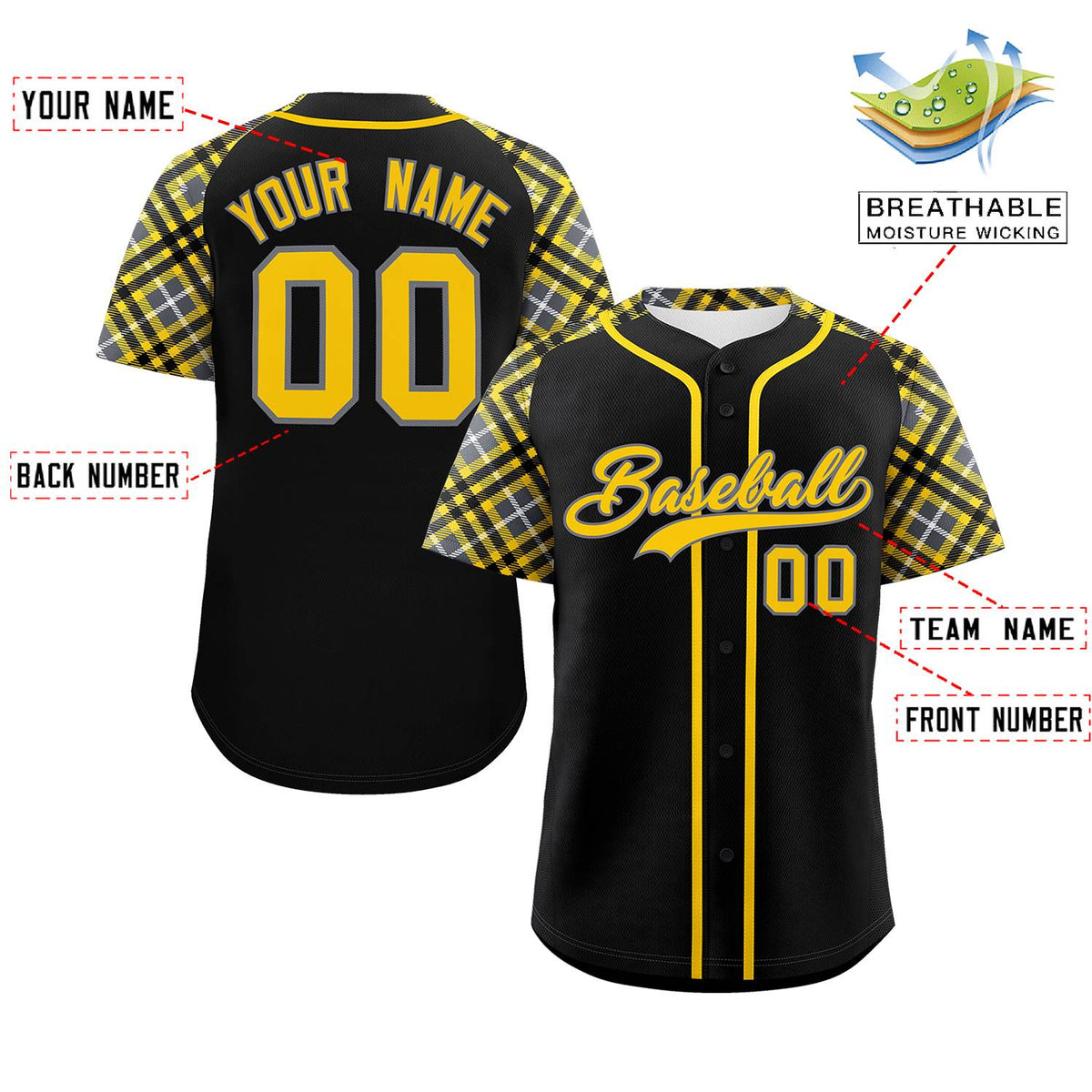 Custom Black Gold-Gray Personalized Raglan Sleeves Authentic Baseball Jersey | KXKSHOP