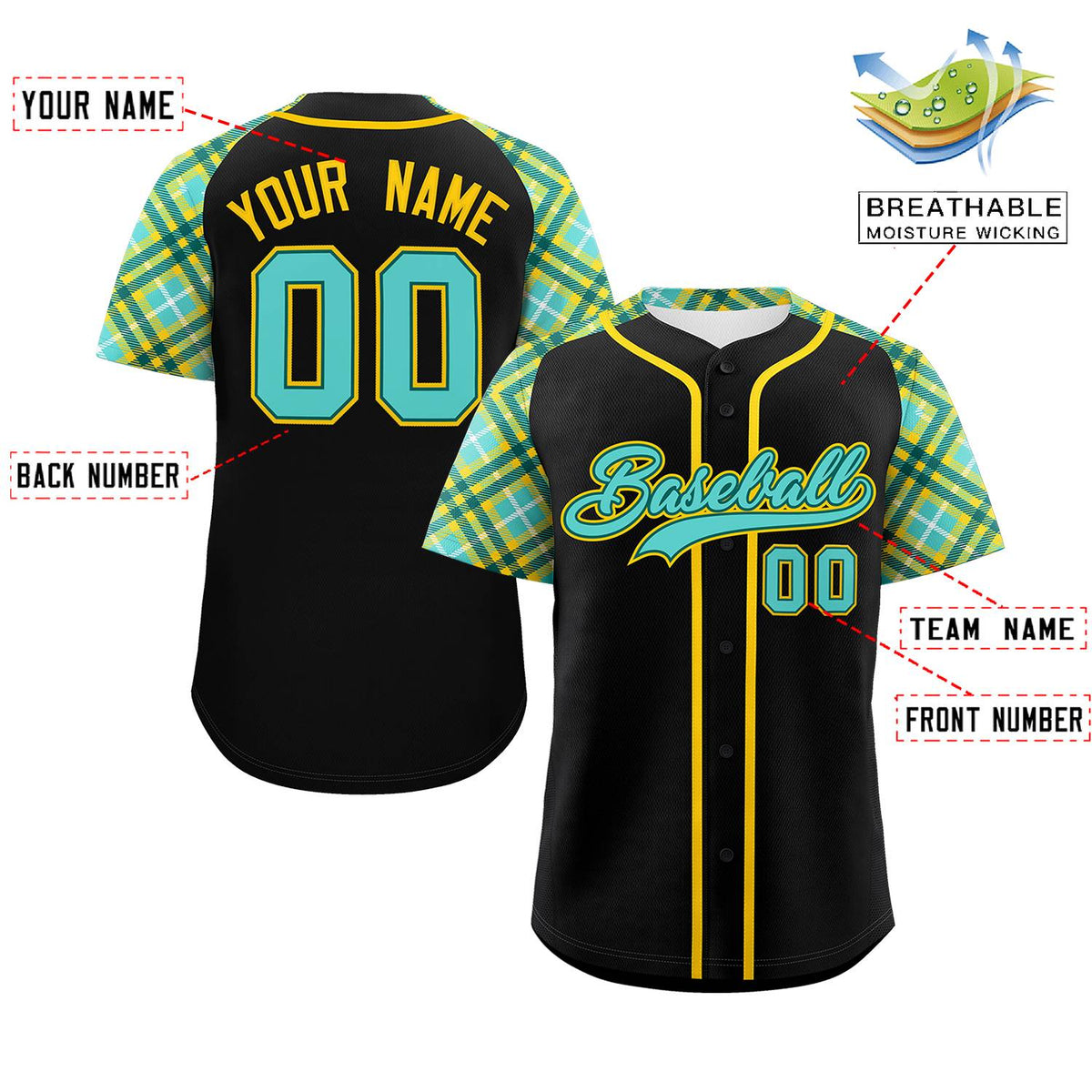 Custom Black Bright Green-Gold Personalized Raglan Sleeves Authentic Baseball Jersey | KXKSHOP