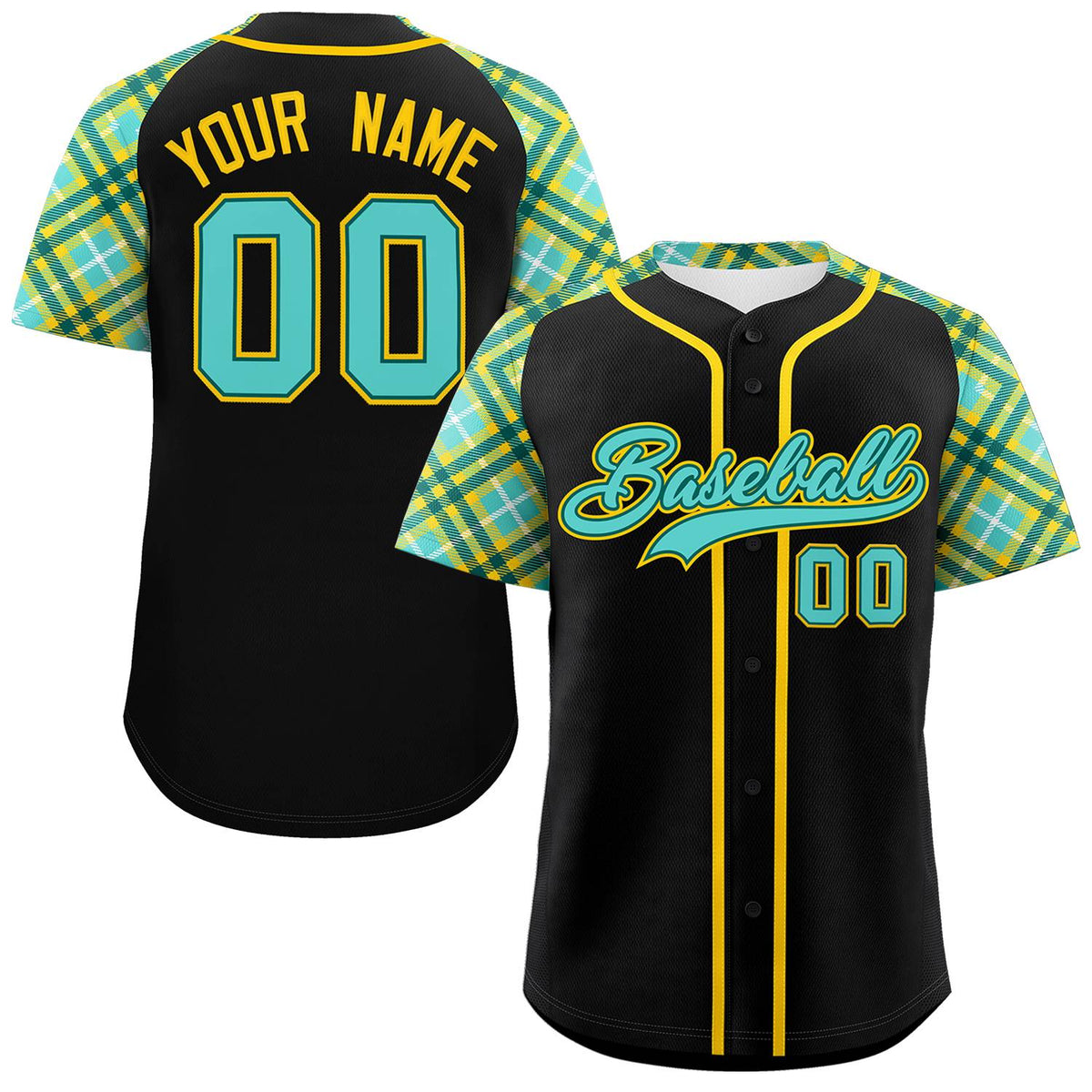 Custom Black Bright Green-Gold Personalized Raglan Sleeves Authentic Baseball Jersey | KXKSHOP