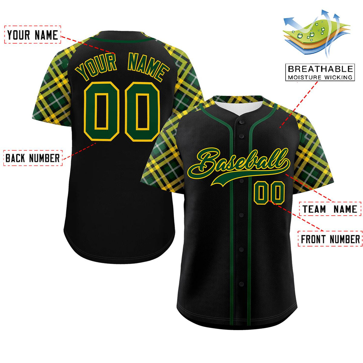 Custom Black Green-Gold Personalized Raglan Sleeves Authentic Baseball Jersey | KXKSHOP