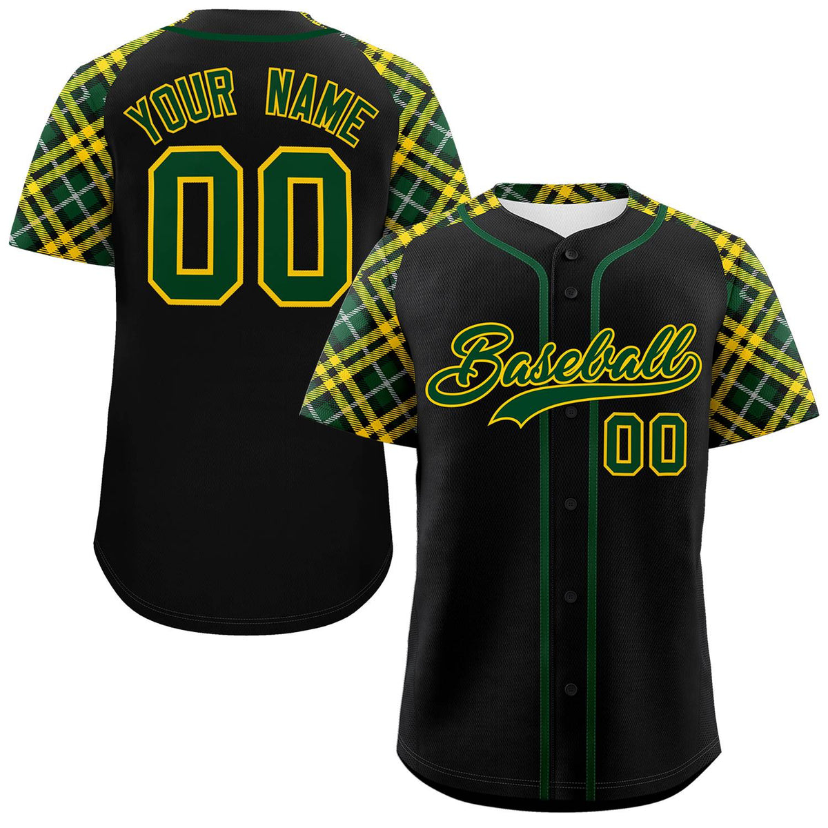 Custom Black Green-Gold Personalized Raglan Sleeves Authentic Baseball Jersey | KXKSHOP