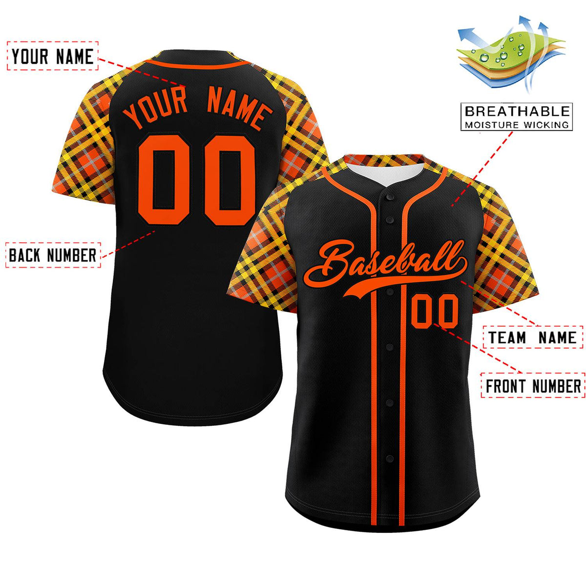 Custom Black Orange- Personalized Raglan Sleeves Authentic Baseball Jersey | KXKSHOP