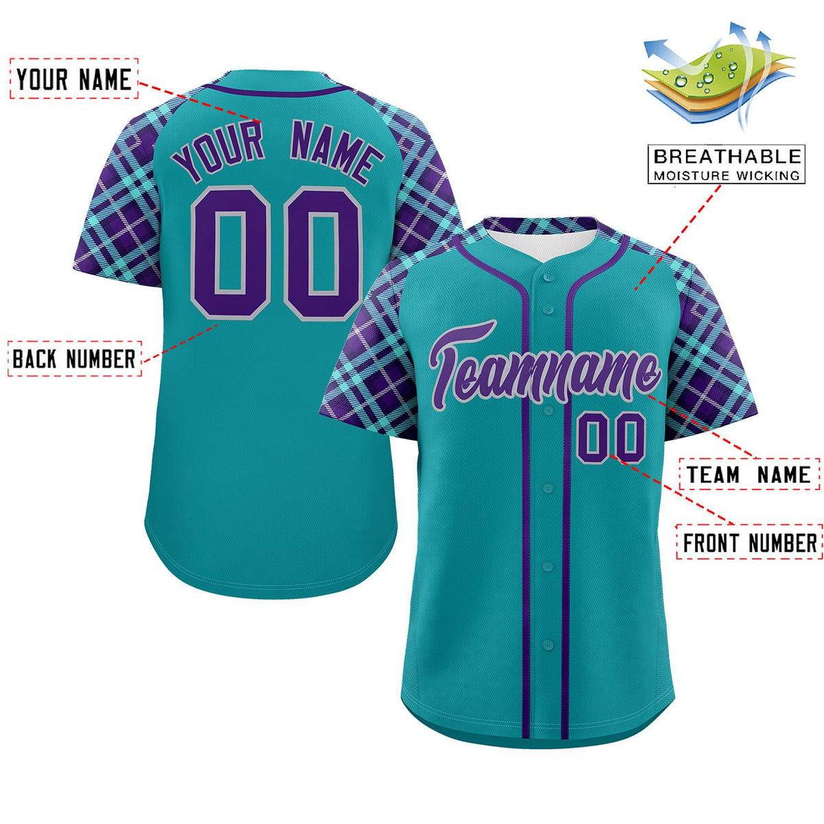 Custom Aqua Purple-Gray Personalized Raglan Sleeves Authentic Baseball Jersey | KXKSHOP