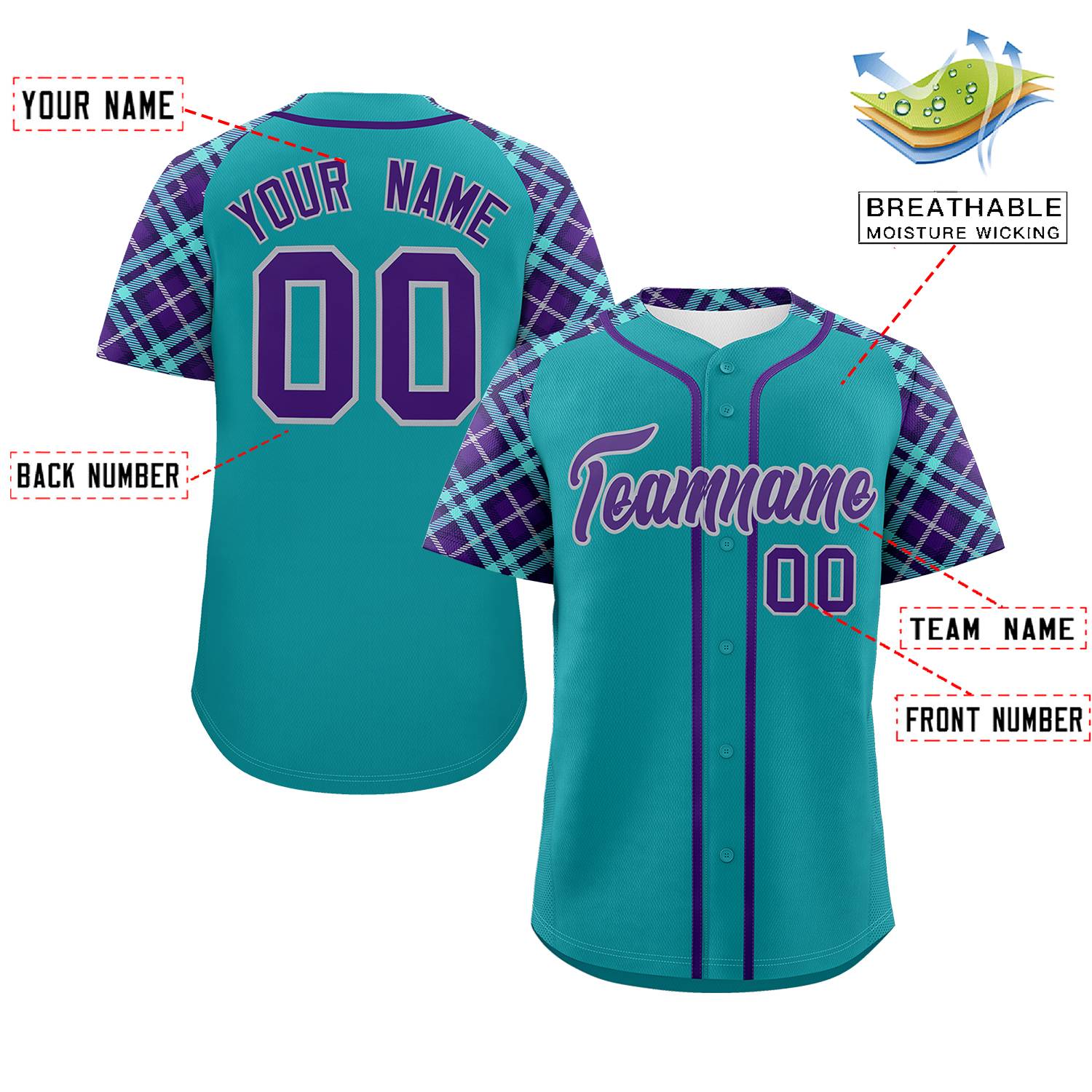 Custom Aqua Purple-Gray Personalized Raglan Sleeves Authentic Baseball Jersey | KXKSHOP