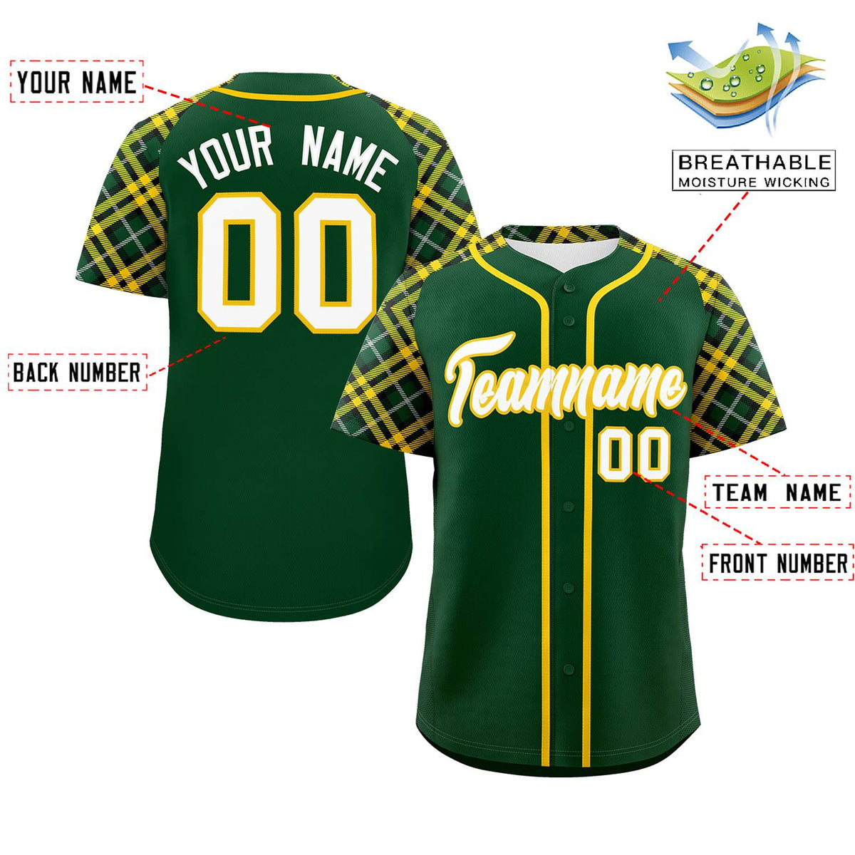 Custom Green White-Gold Personalized Raglan Sleeves Authentic Baseball Jersey | KXKSHOP