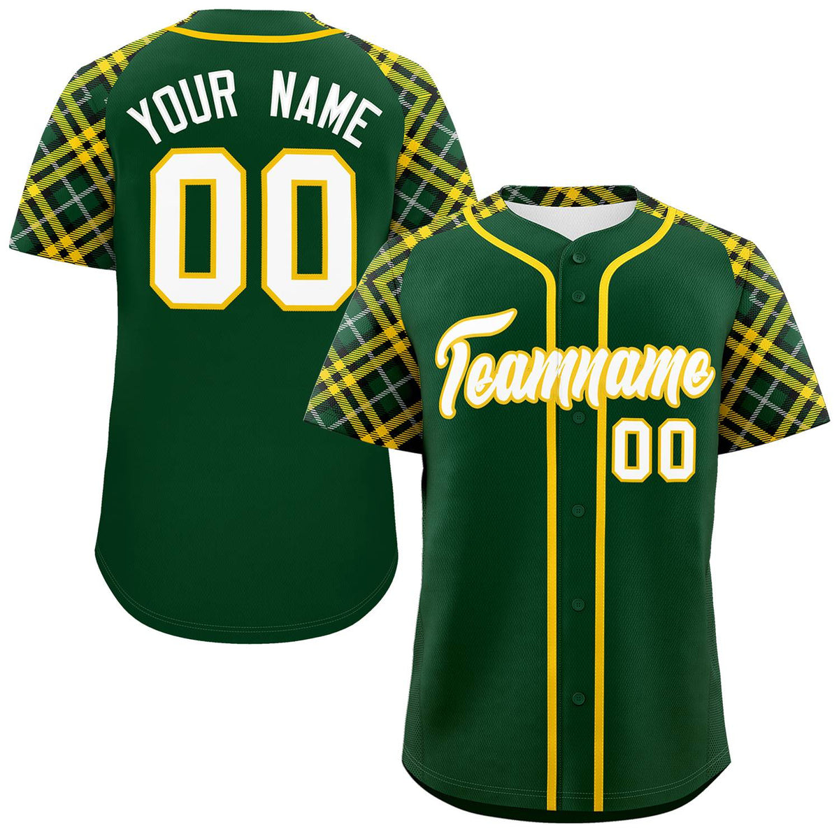 Custom Green White-Gold Personalized Raglan Sleeves Authentic Baseball Jersey | KXKSHOP
