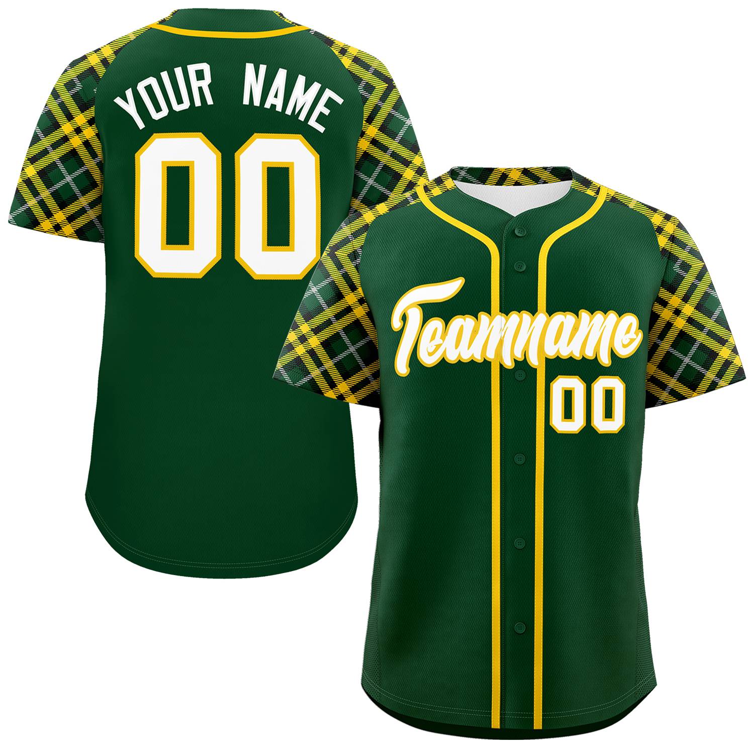 Custom Green White-Gold Personalized Raglan Sleeves Authentic Baseball Jersey | KXKSHOP