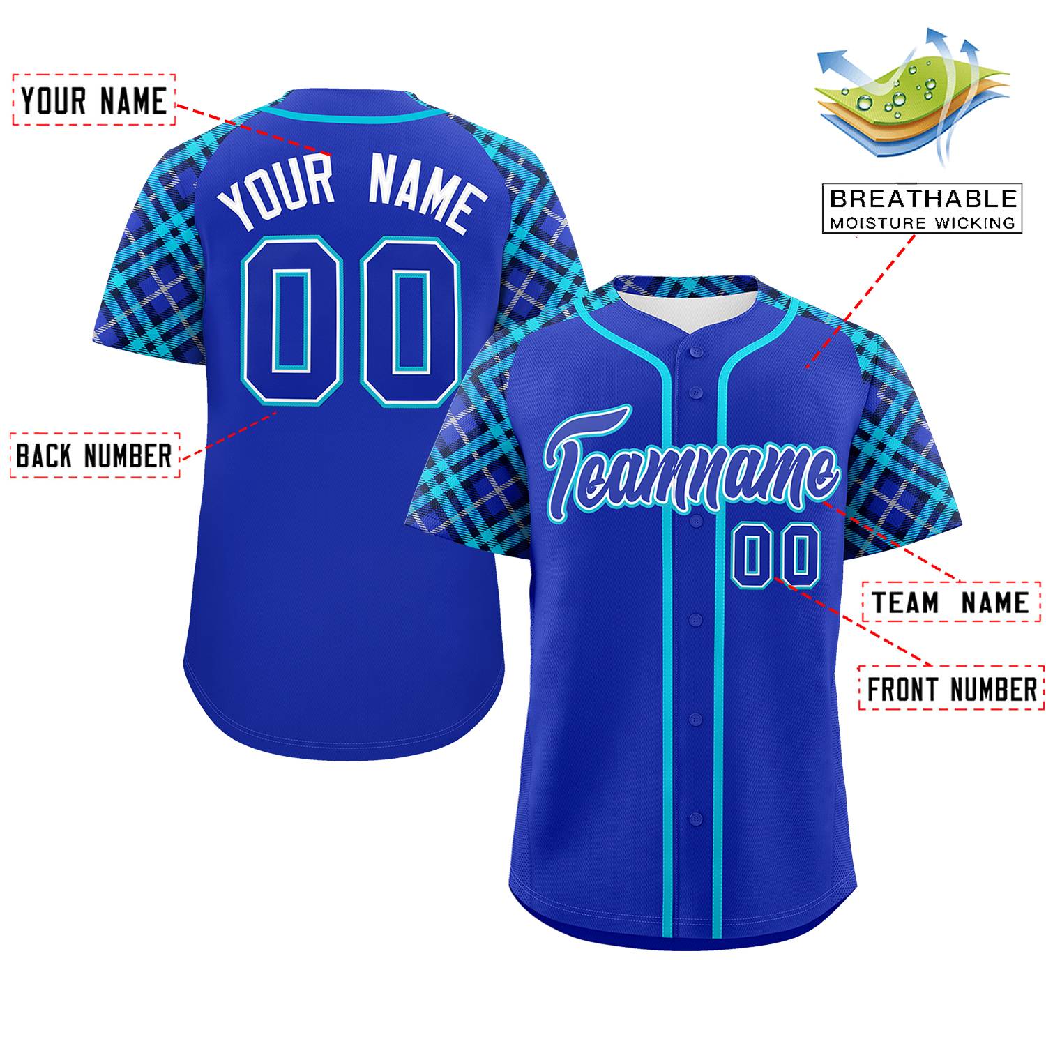 Custom Royal-Sky Blue Personalized Raglan Sleeves Authentic Baseball Jersey | KXKSHOP